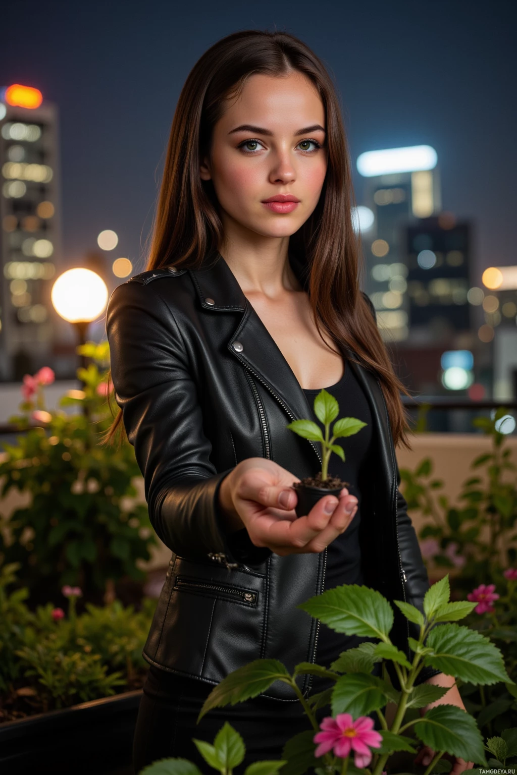 A woman in a black leather jacket holds a small plant in her hand, with a cityscape and flowers in the background.