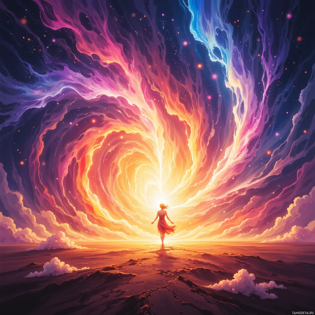 A woman stands on a vast, glowing horizon beneath a swirling, cosmic sky.