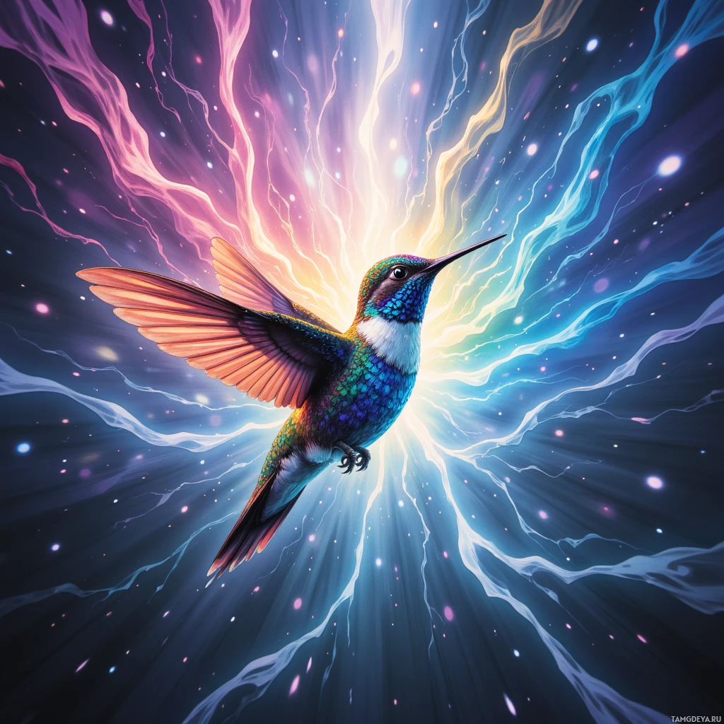 A vibrant hummingbird with iridescent feathers is depicted in flight against a cosmic background of glowing light streaks and stars.