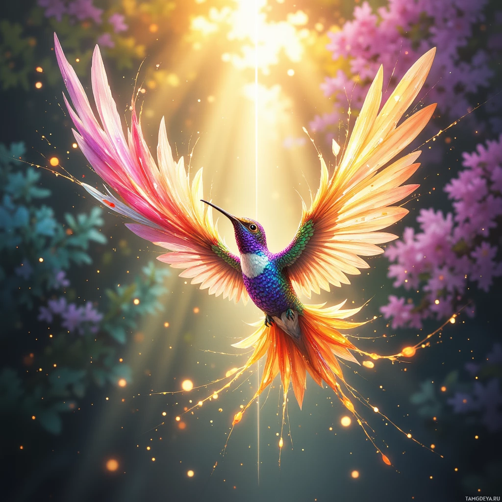 A vibrant hummingbird with colorful plumage and outstretched wings is surrounded by glowing light and flowers.