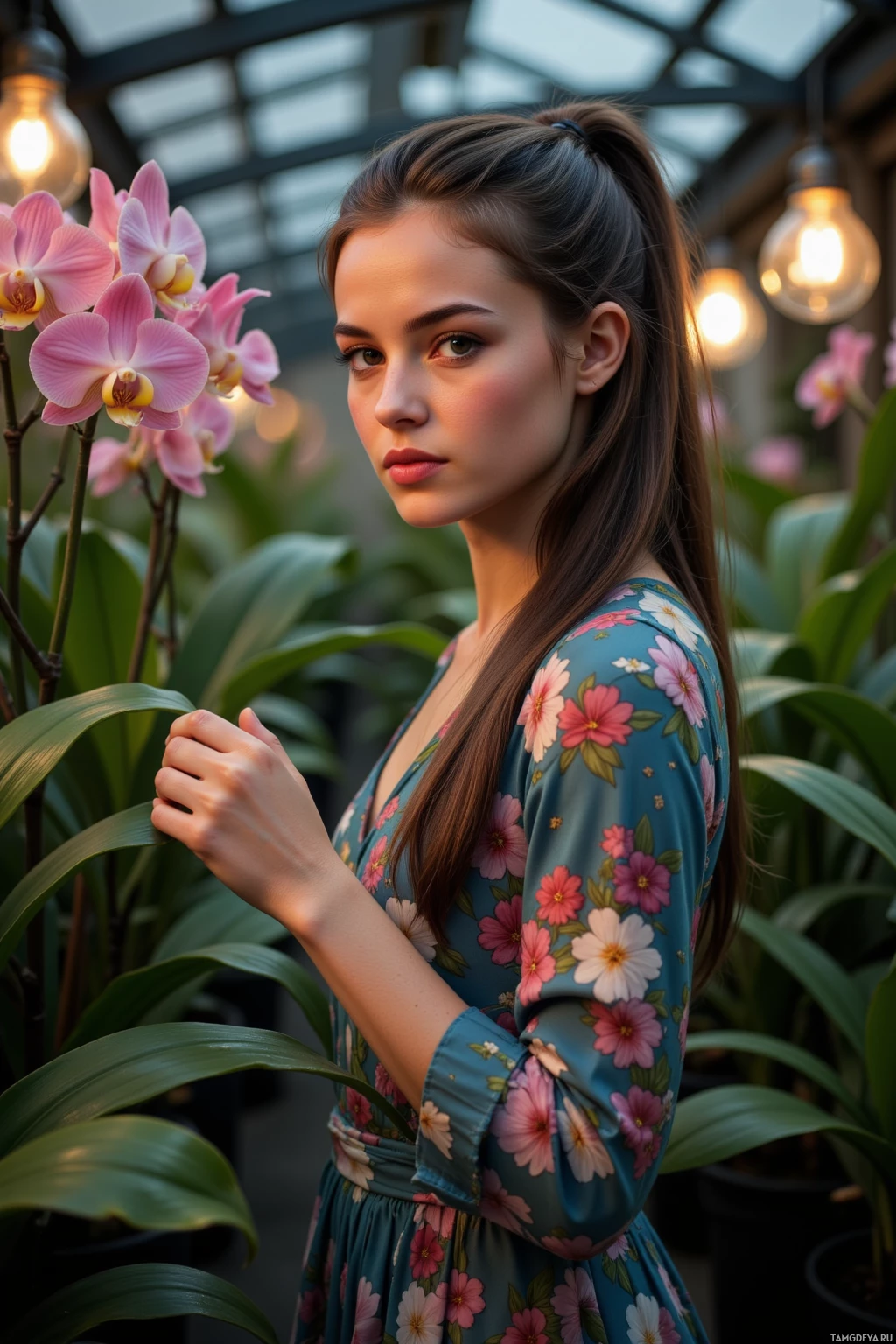 A woman in a floral dress stands in a greenhouse with orchids.