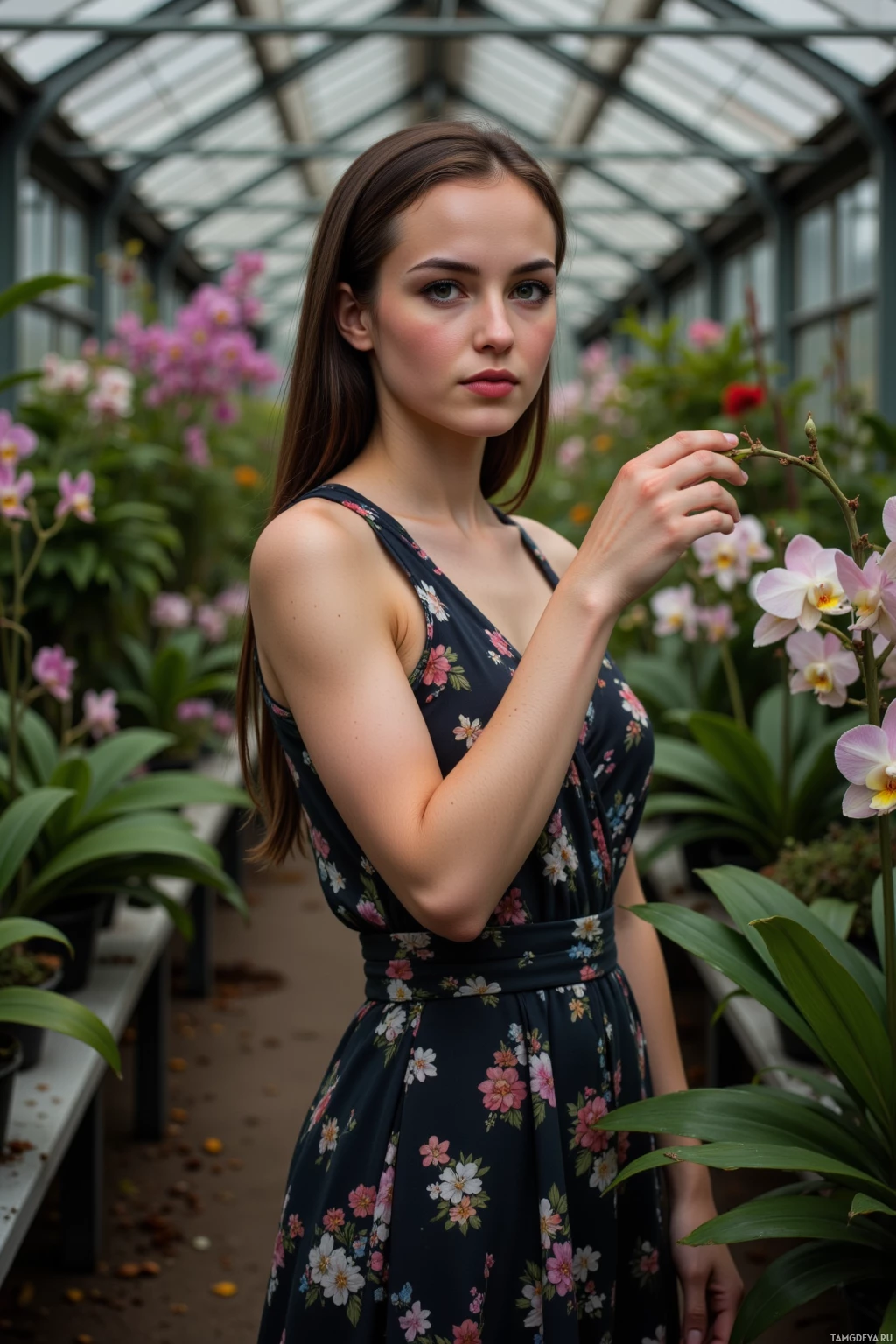 A woman in a floral dress stands in a greenhouse surrounded by plants.