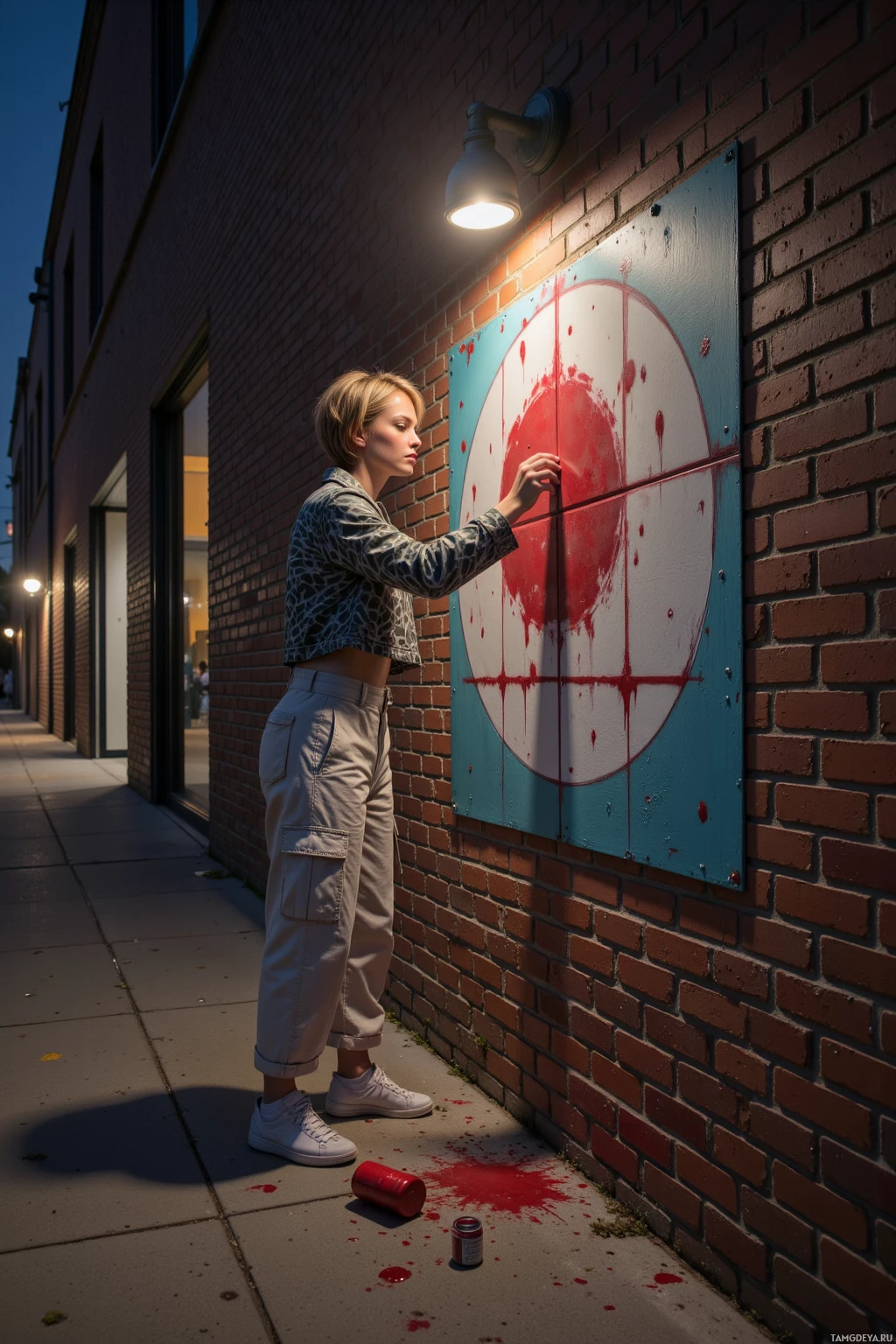 A person stands beside a brick wall with a target painted on it, illuminated by a light fixture above.