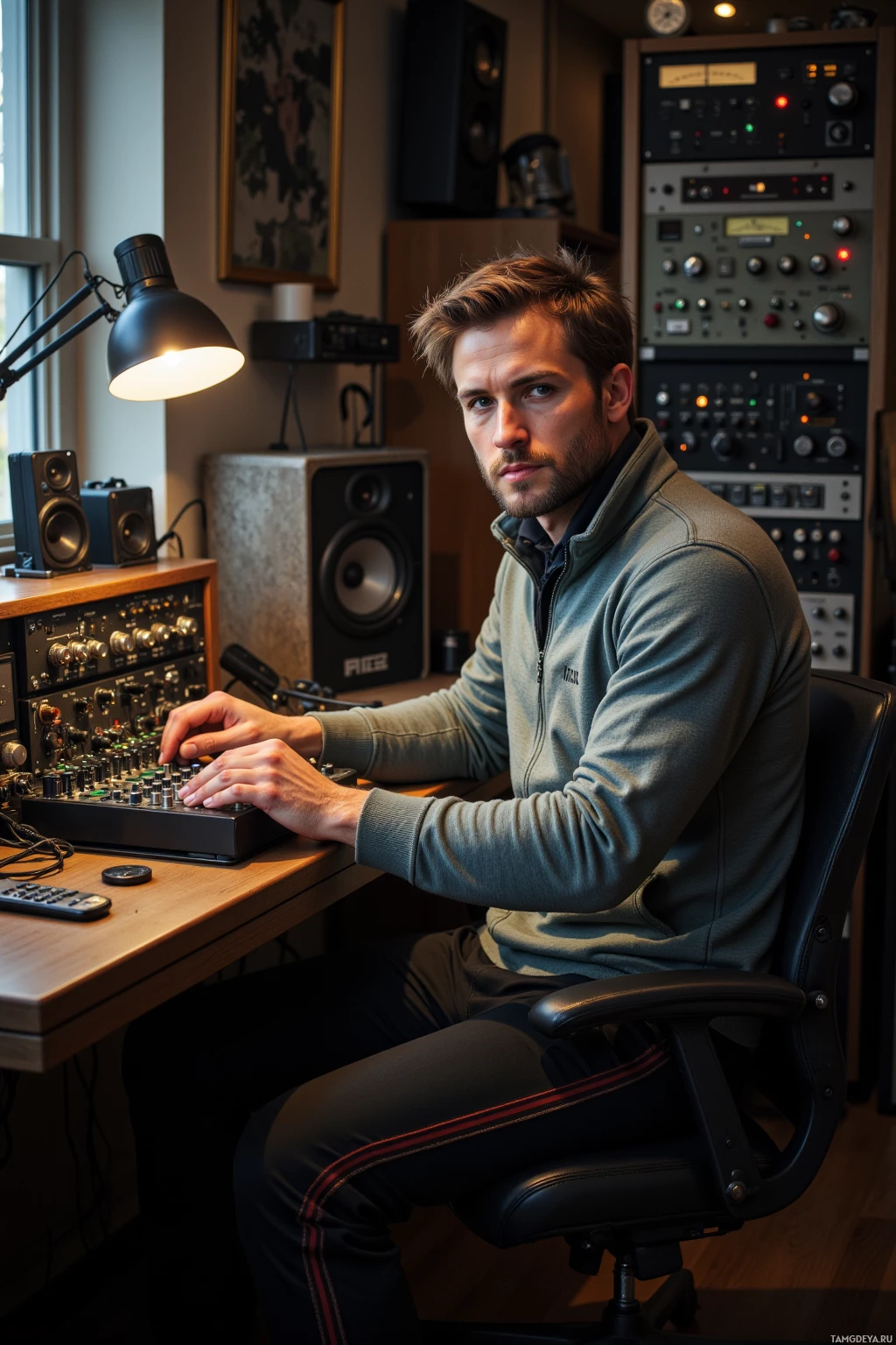 A man sits at a desk in a recording studio, surrounded by audio equipment and speakers.