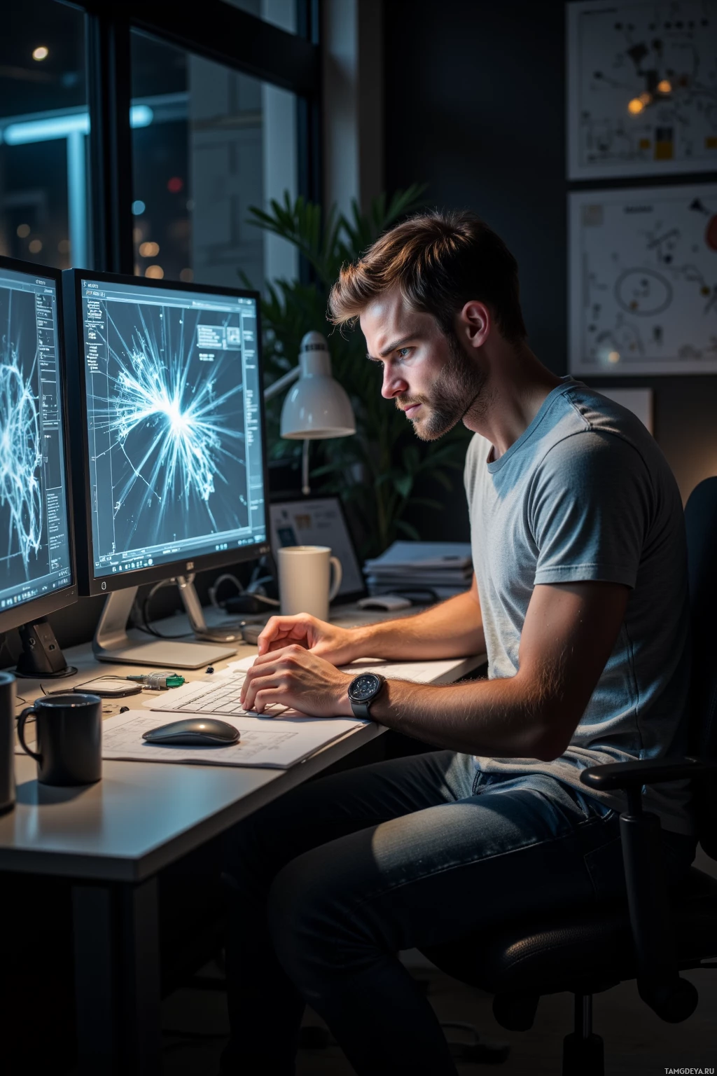 A man is working at a desk with two computer monitors displaying technical data, in a dimly lit room.