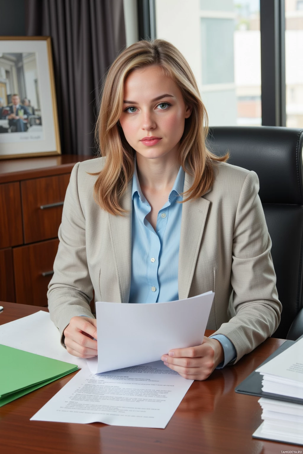 A woman in a professional setting holds a document at a desk.