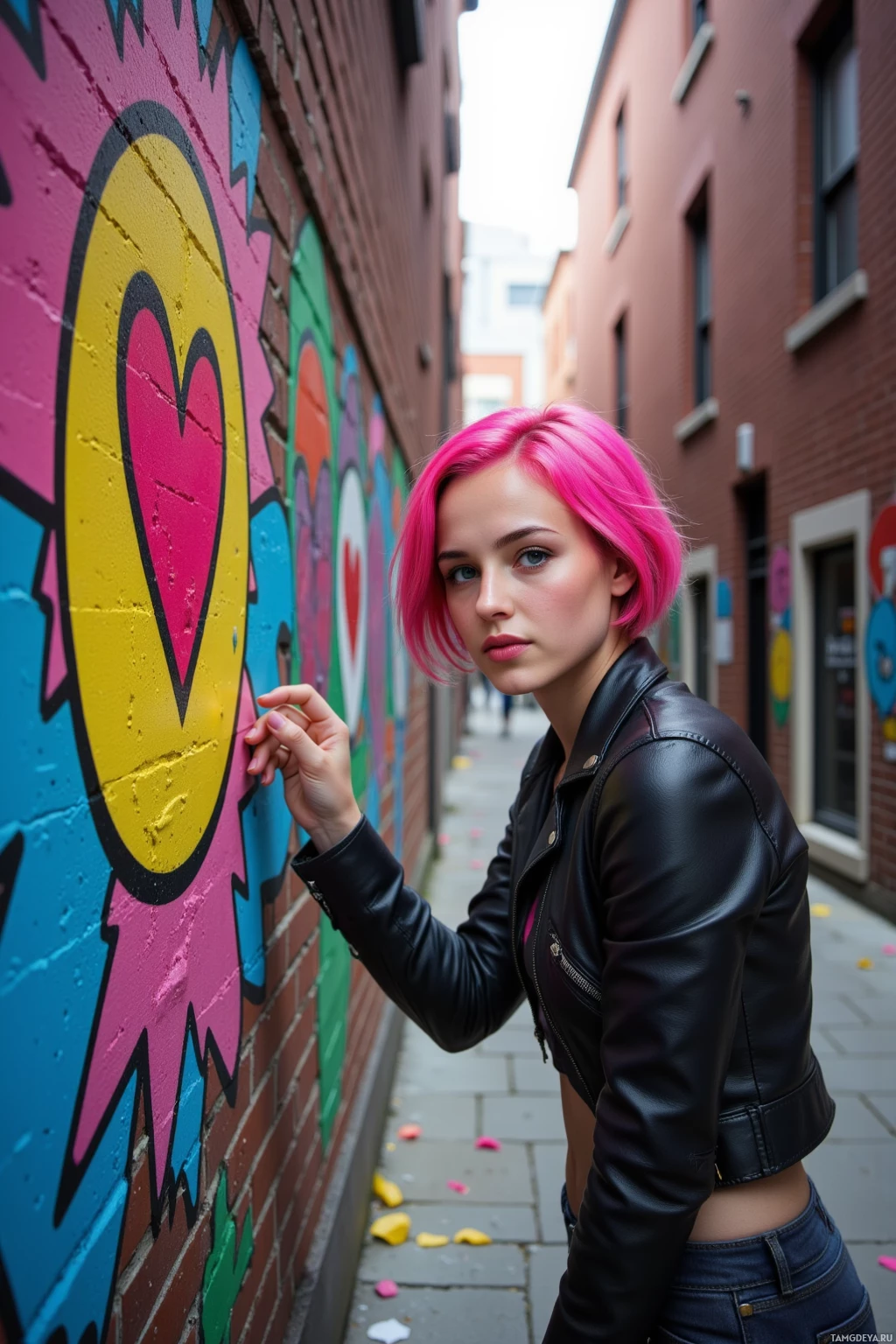 A person with pink hair stands beside a colorful mural in an alleyway.