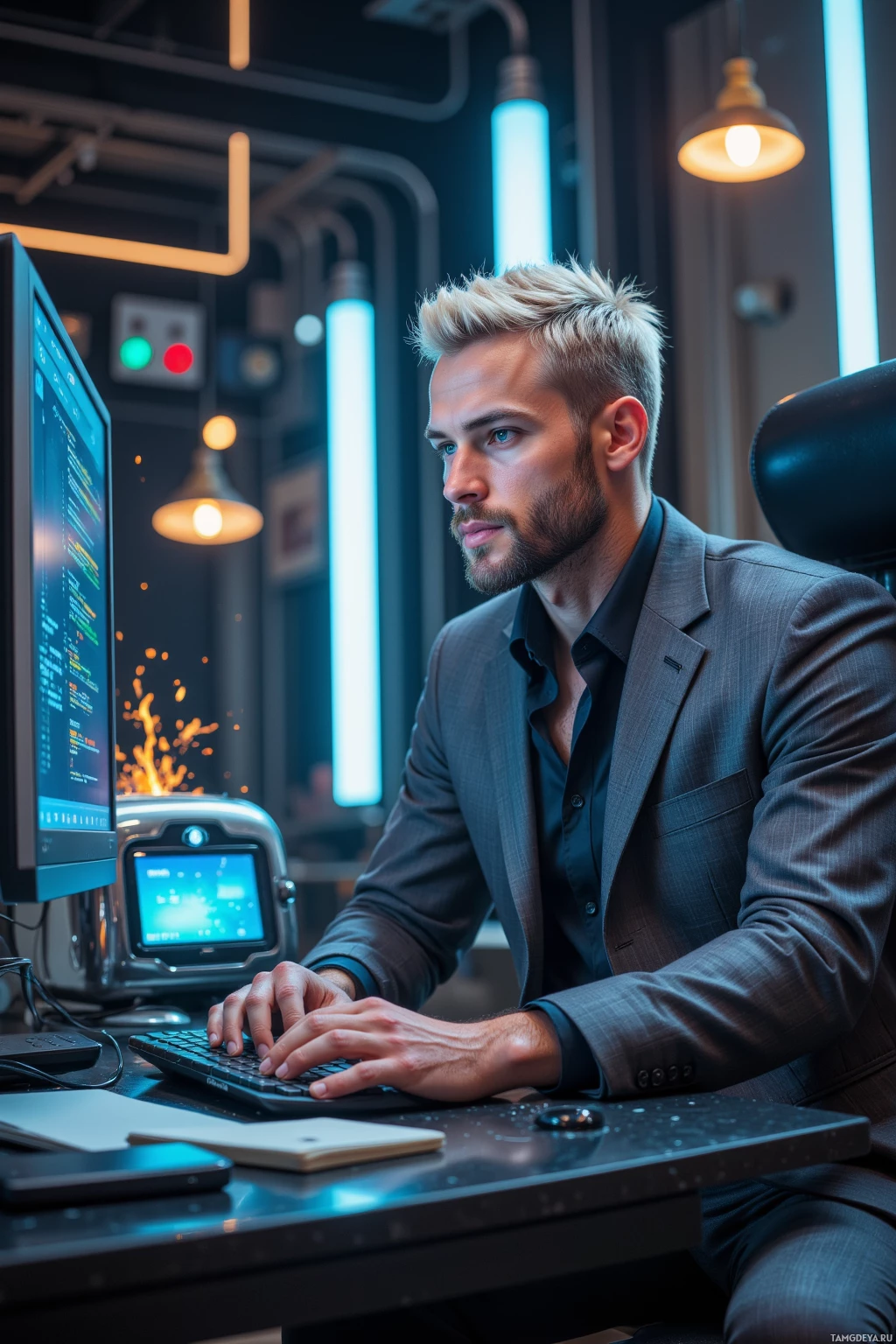 A man in a suit is working at a computer in a modern office setting.