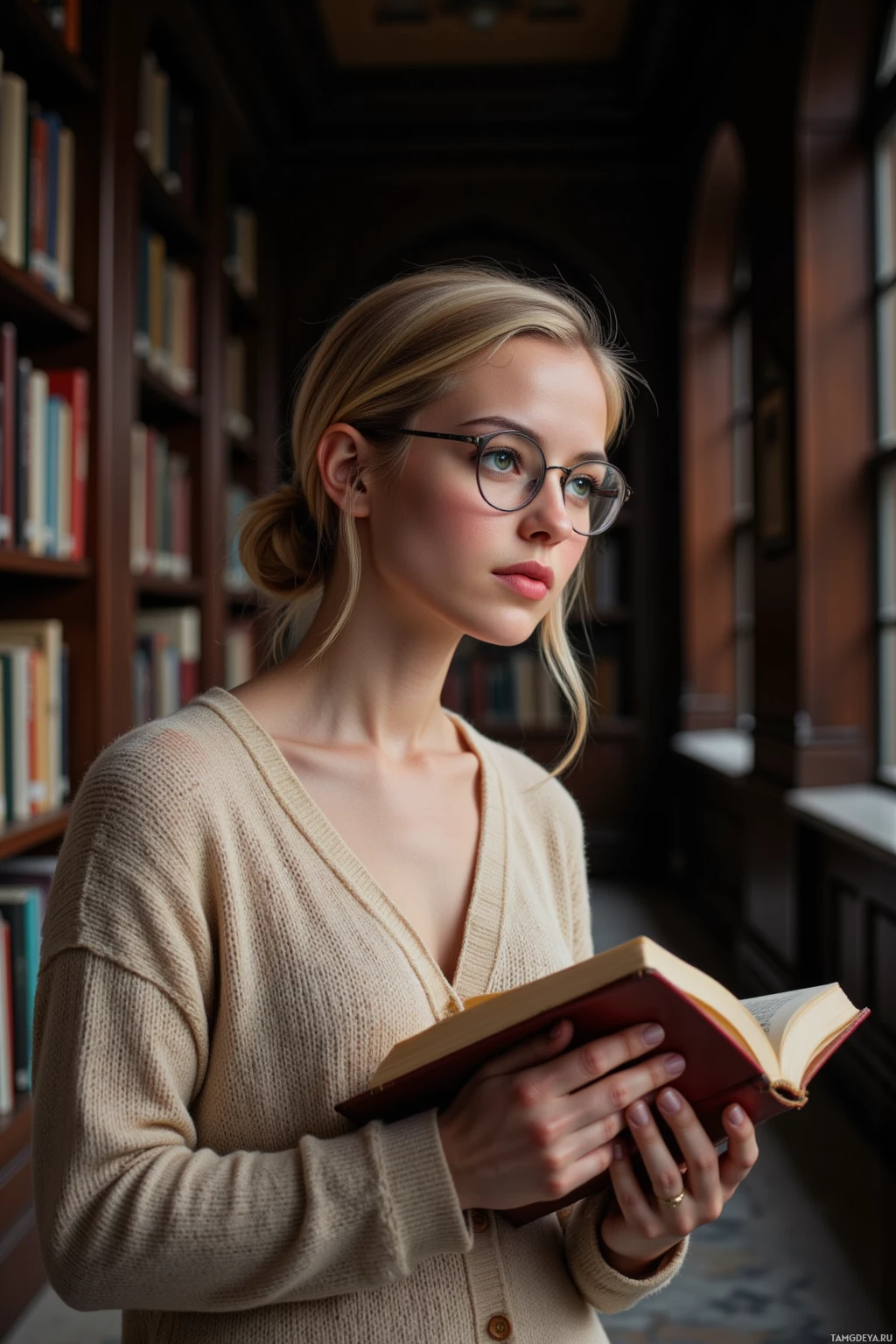 A woman in a library holds an open book, wearing glasses and a beige sweater.