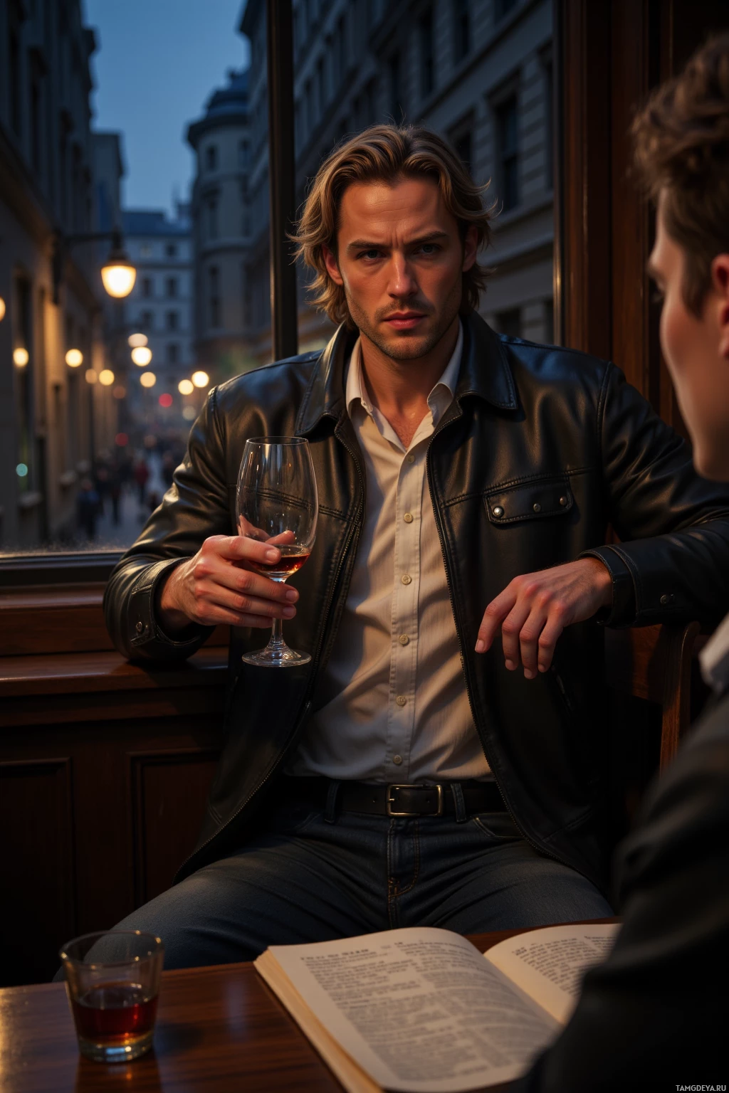 A man in a leather jacket sits at a table with a glass of wine, engaged in conversation.