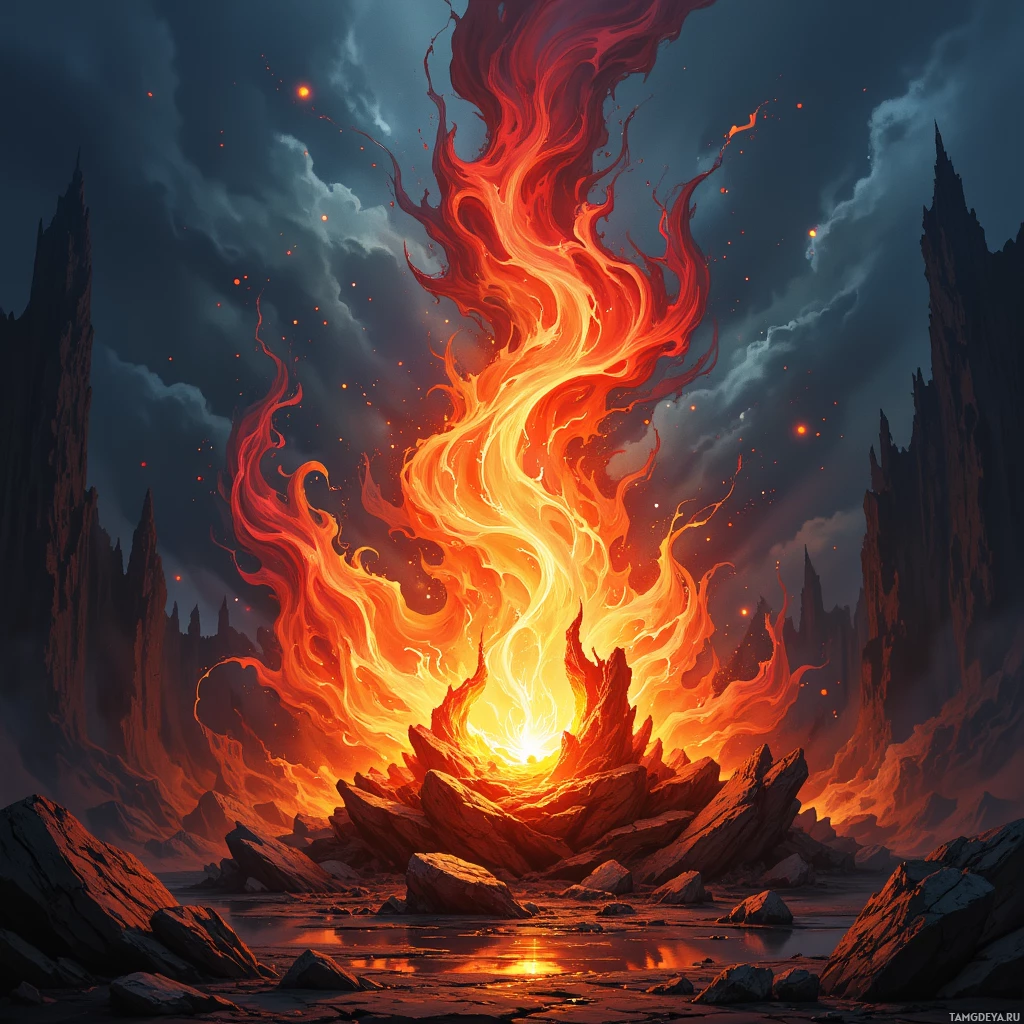 A fiery volcanic eruption illuminates a rugged, rocky landscape under a dark, stormy sky.
