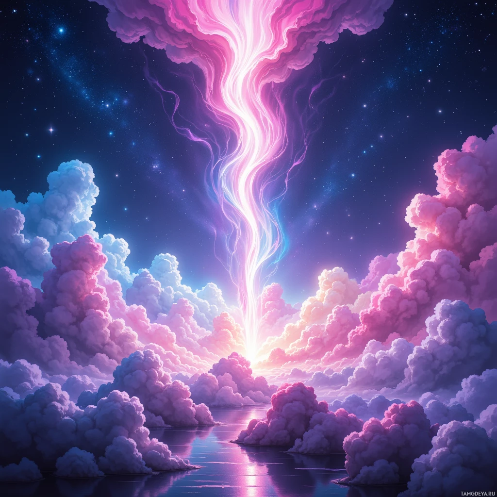 A vibrant, surreal landscape featuring a glowing, ethereal column of light rising from a body of water, surrounded by fluffy clouds in shades of pink, purple, and blue against a starry night sky.