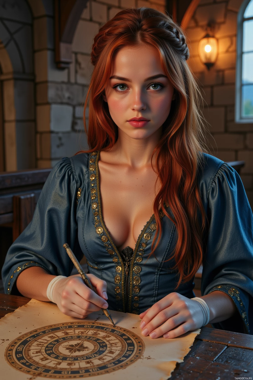 A woman in a historical-style dress is writing on a parchment with a quill.