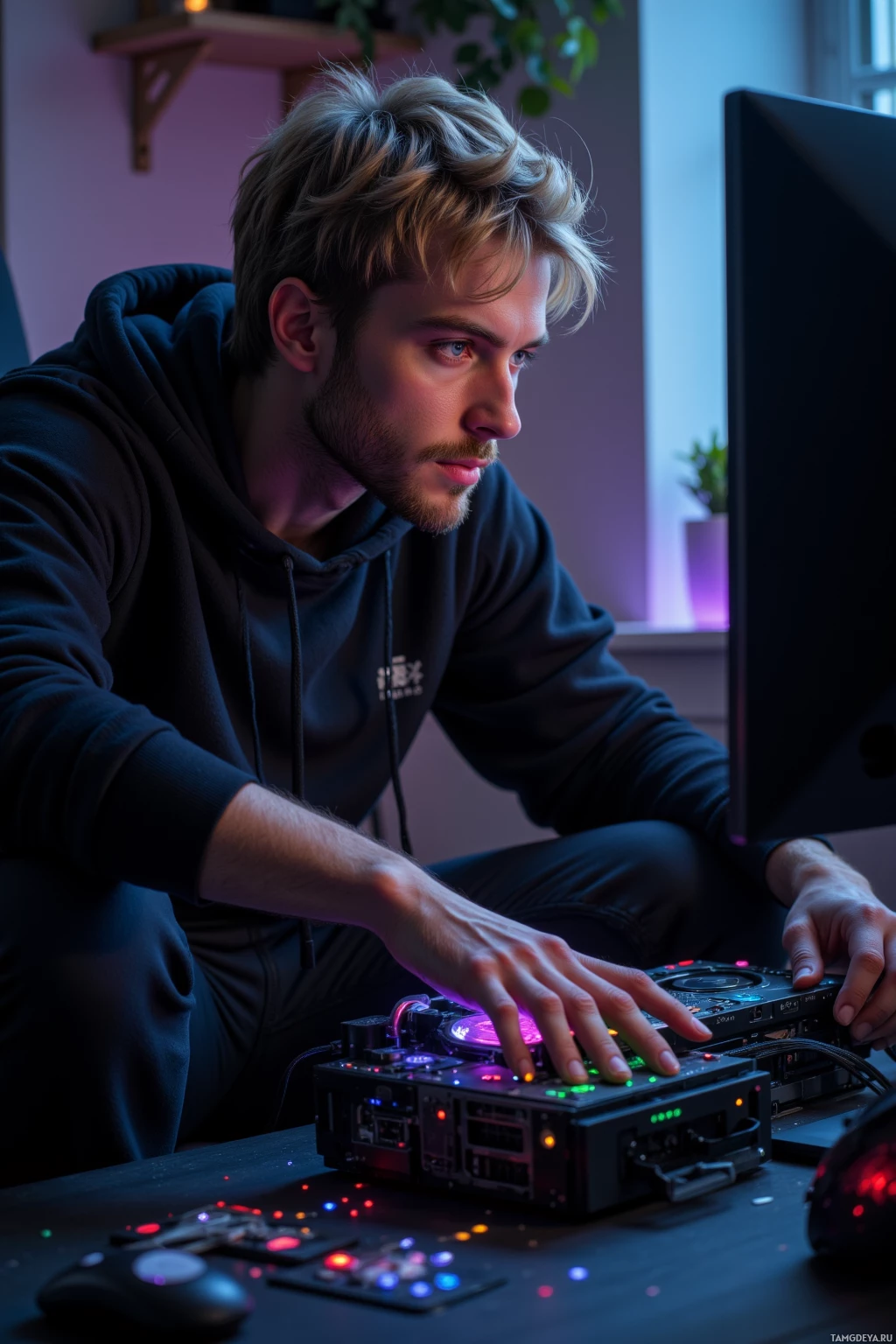 A person in a hoodie is focused on a computer setup with colorful lights.
