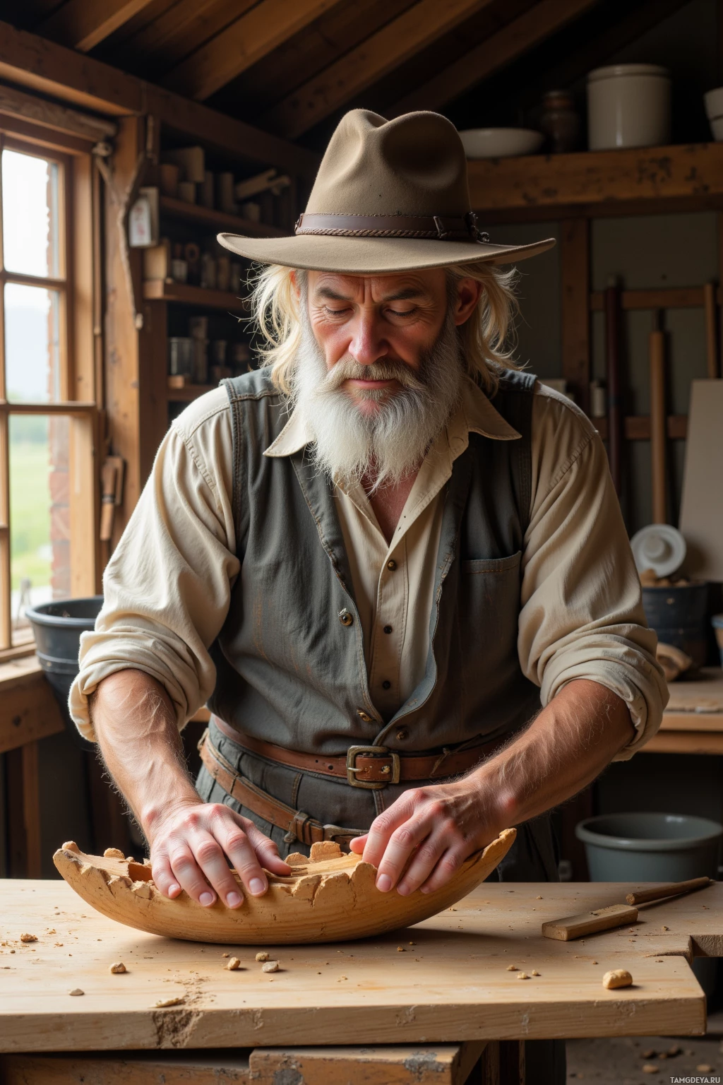 Realistic high quality photo. A 54‑year‑old man with bushy blonde‑gray hair, long gray beard, pale skin, blue eyes, wearing a rustic linen shirt and a wool hat, stands in a pine‑log workshop, carving a small elven boat, a faint grin breaking a moment of quiet frustration as he completes the final notch, sunlight streaming through a nearby window onto the workbench.