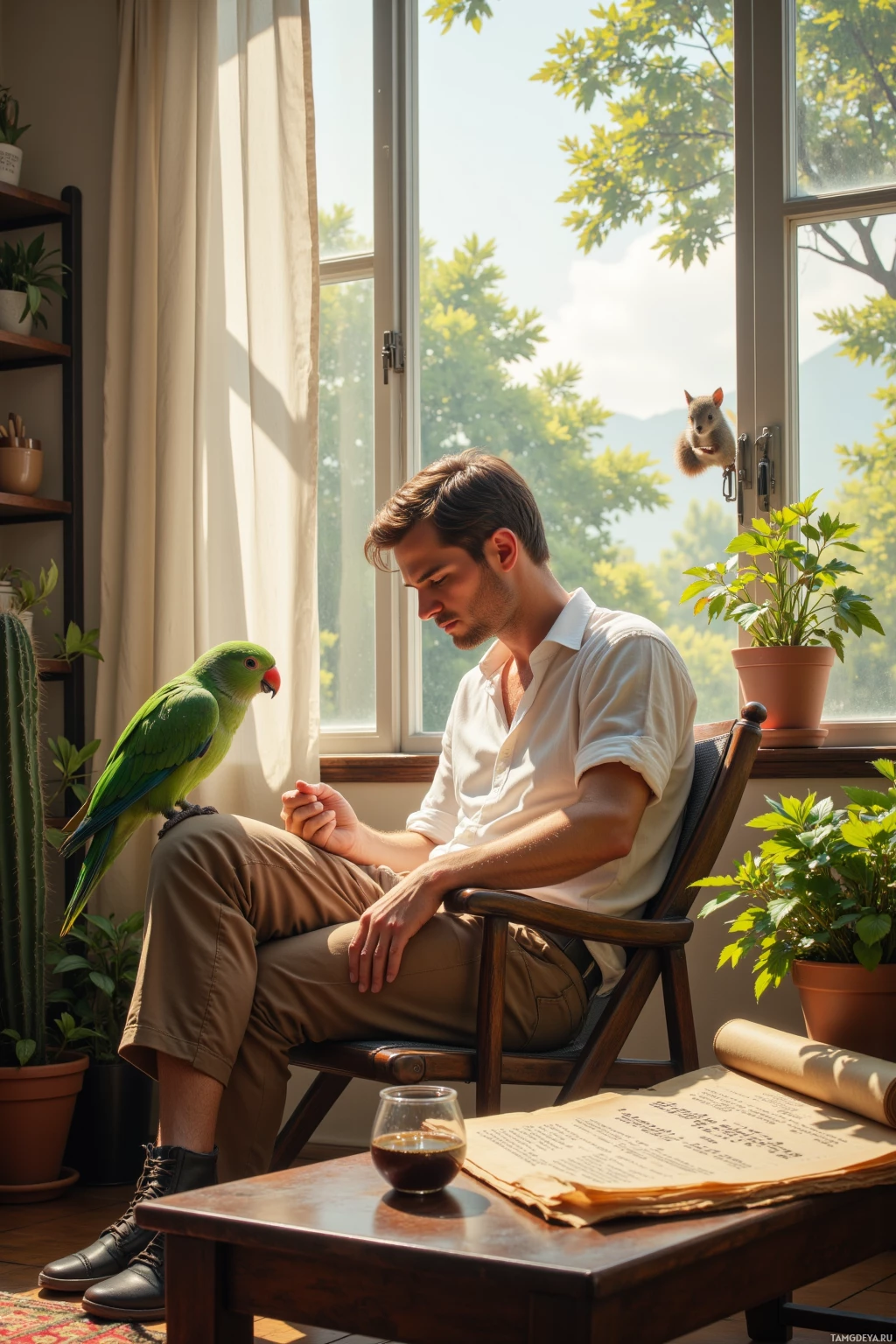 A man sits in a chair by a window, interacting with a parrot perched on his knee.