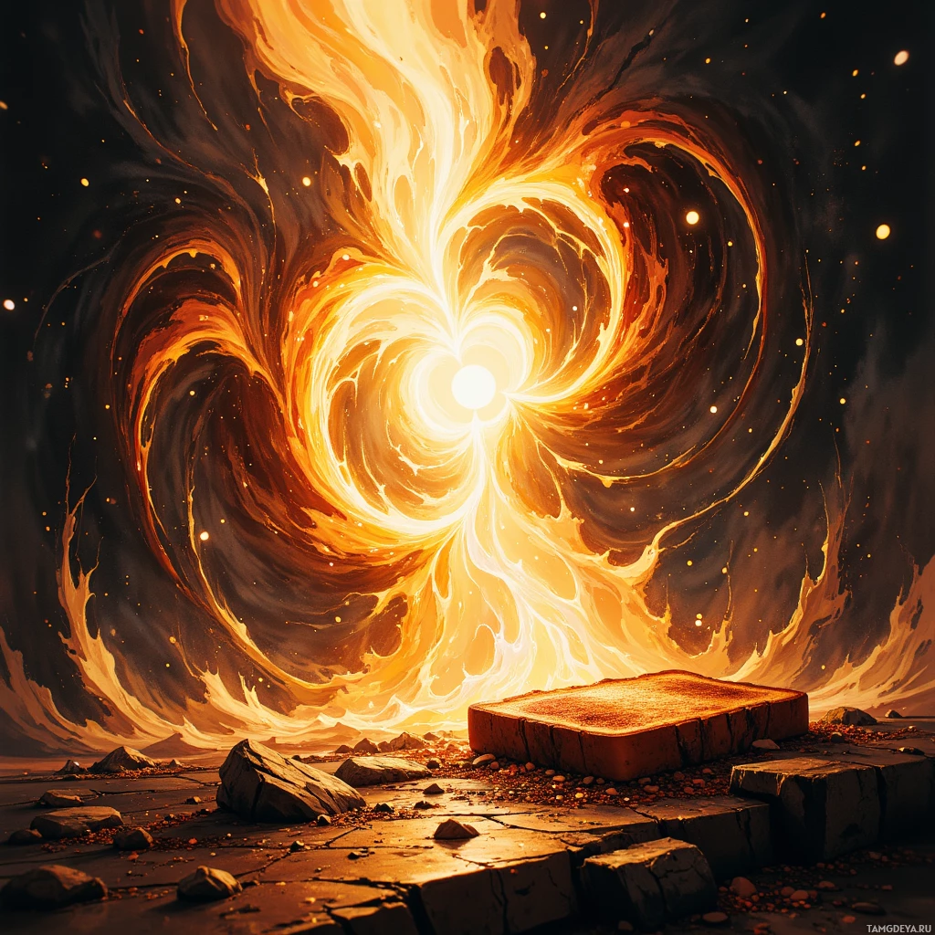 A fiery, swirling vortex of light and energy emanates from a glowing center, casting an intense glow over a rocky landscape.