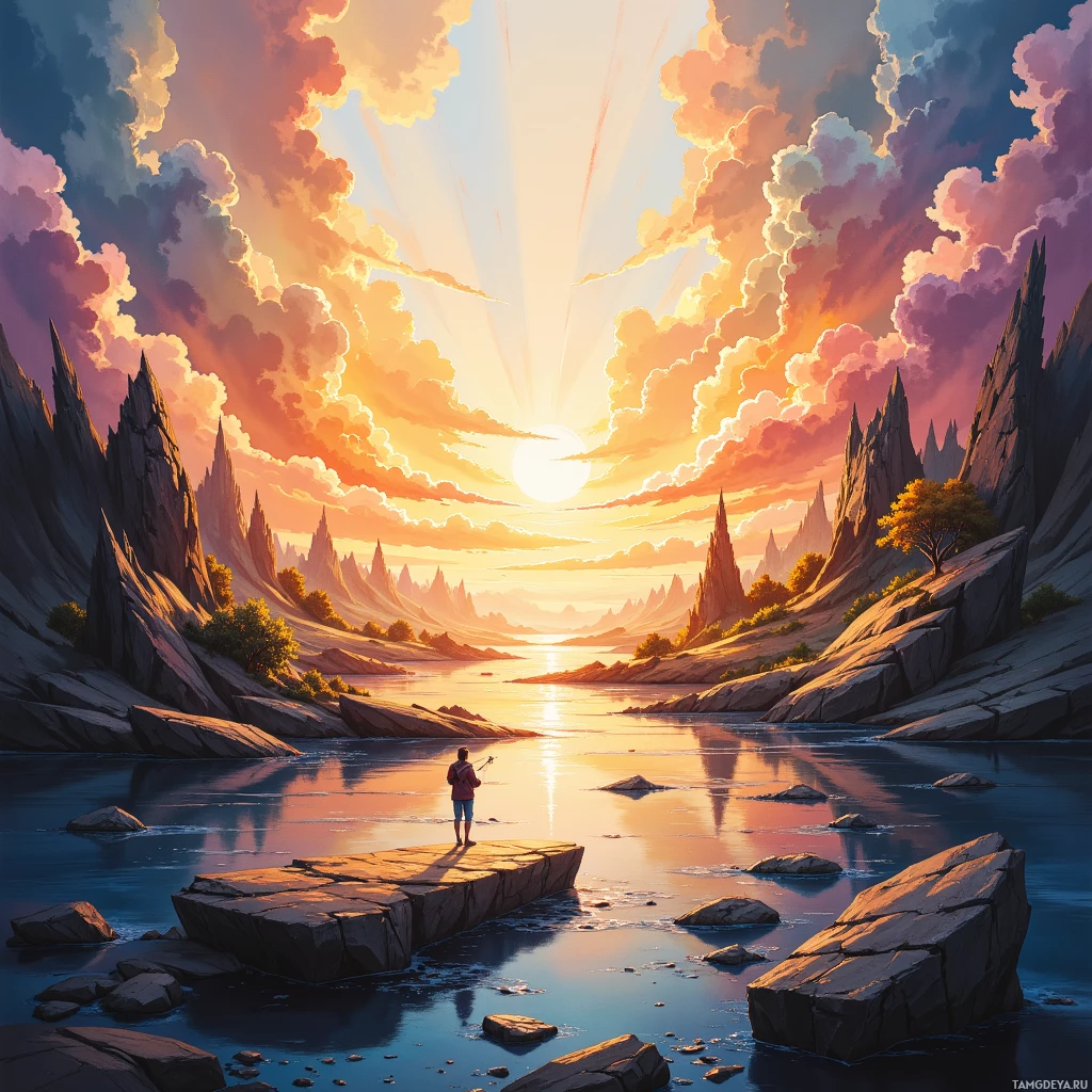 A serene landscape featuring a person standing on a rock in a calm river, surrounded by rugged mountains and a vibrant sunset sky.