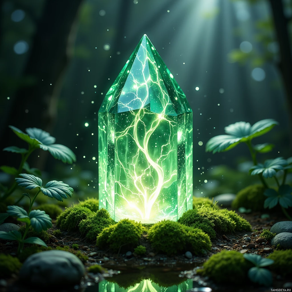 A glowing green crystal with lightning-like patterns sits amidst moss and forest foliage.