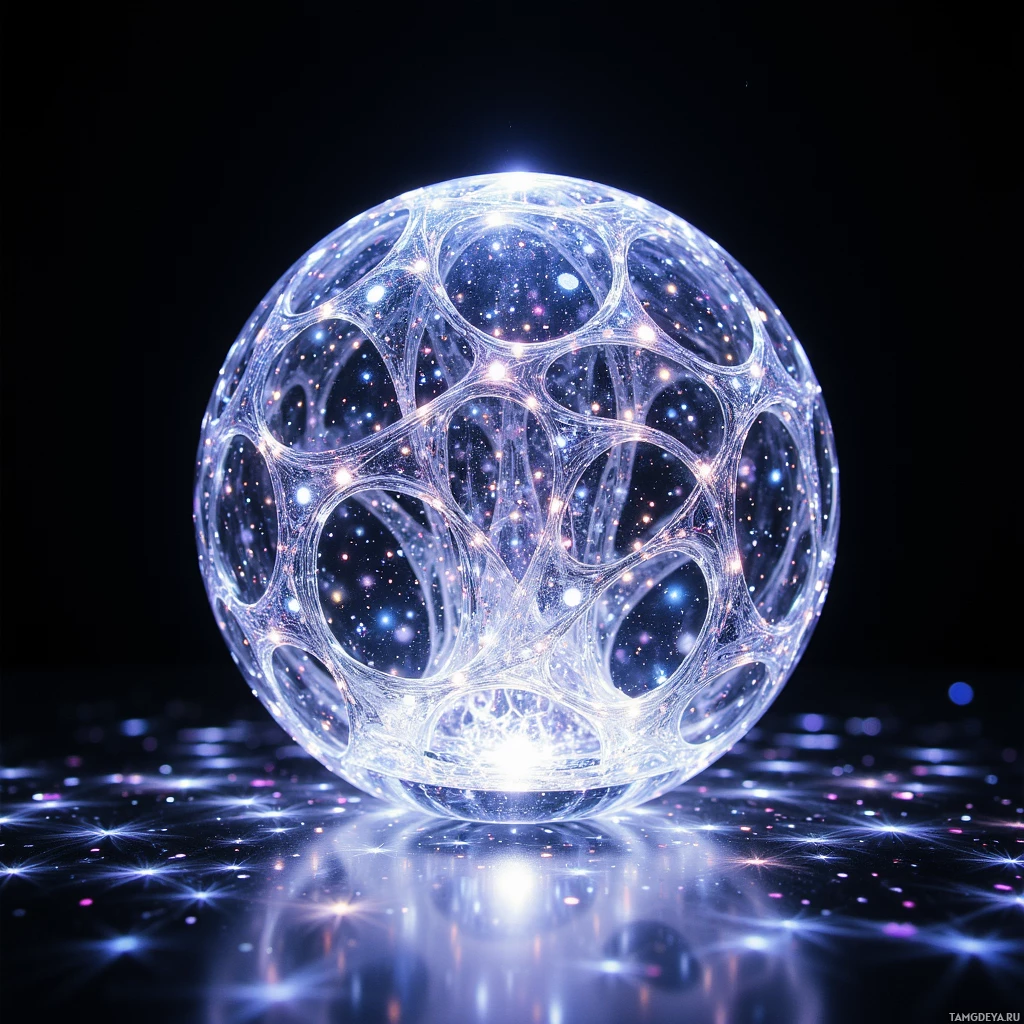 A glowing, intricate sphere with a network of light trails and reflections on a dark surface.