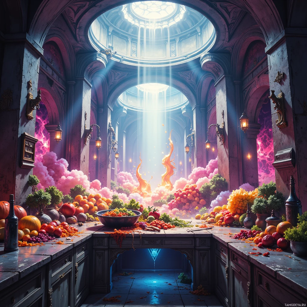 A grand, ornate interior with a sunlit dome ceiling and a table overflowing with colorful fruits and vegetables.