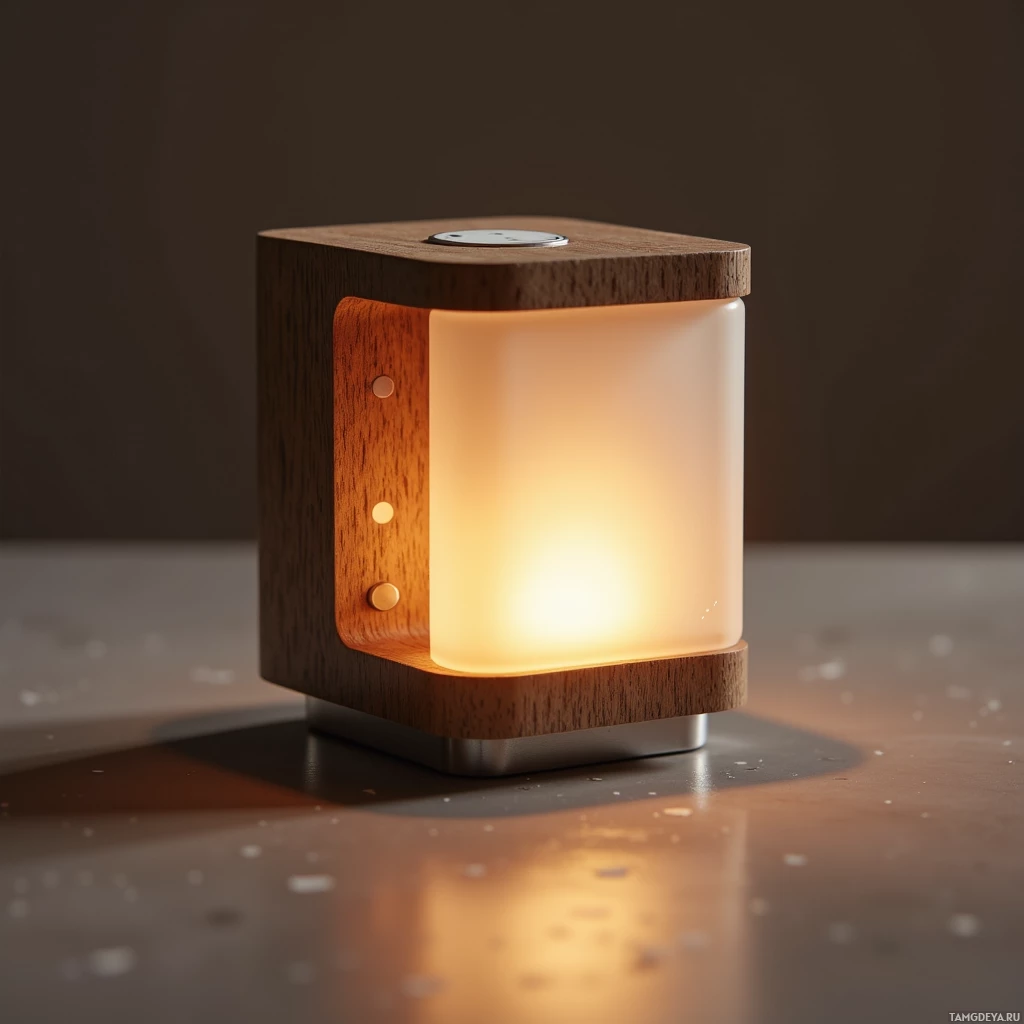 A modern wooden-lit cube-shaped lamp with a warm glow.