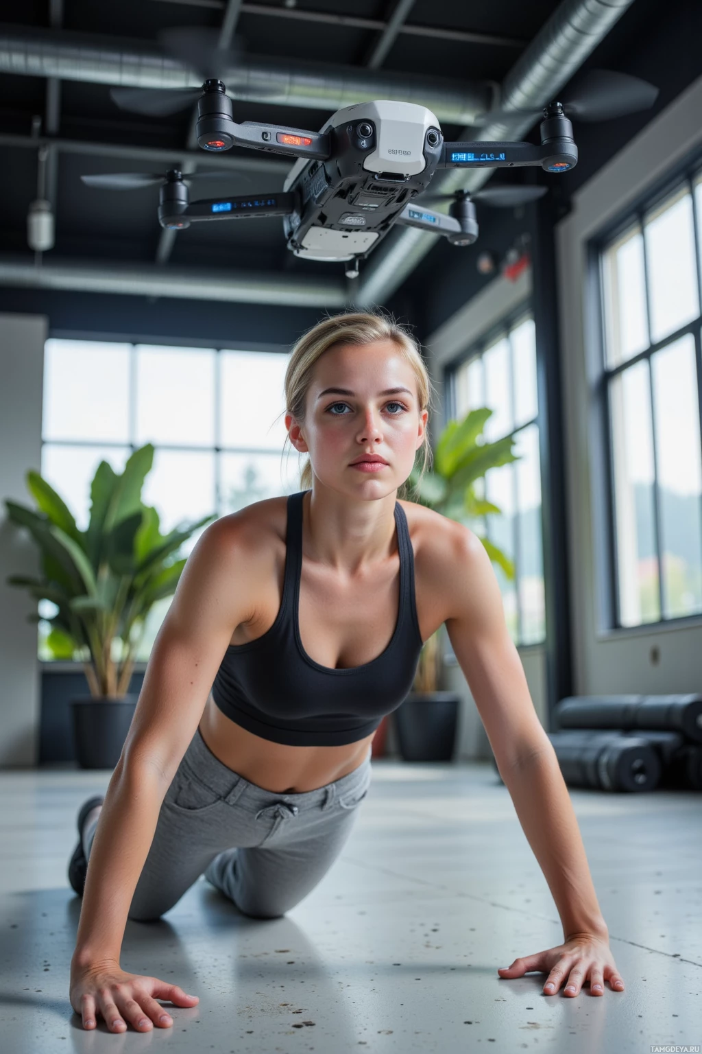 A woman in a gym is in a plank position with a drone hovering above her.