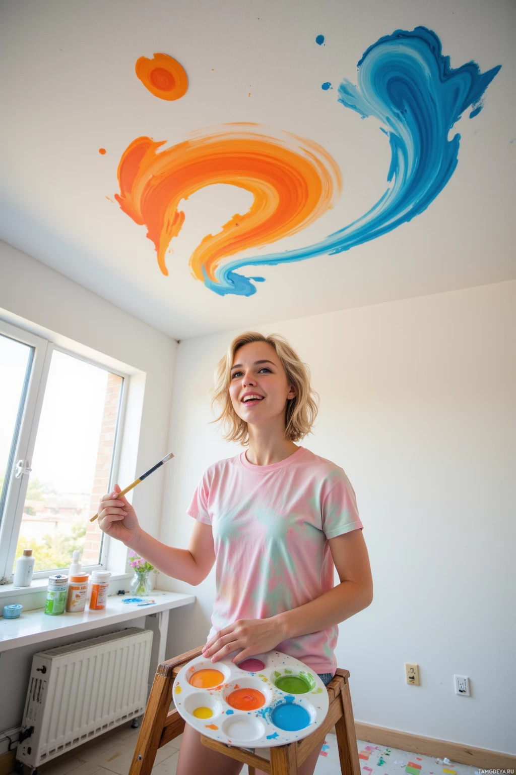 A person stands in a room with a colorful painted mural on the ceiling, holding a paintbrush and a palette.