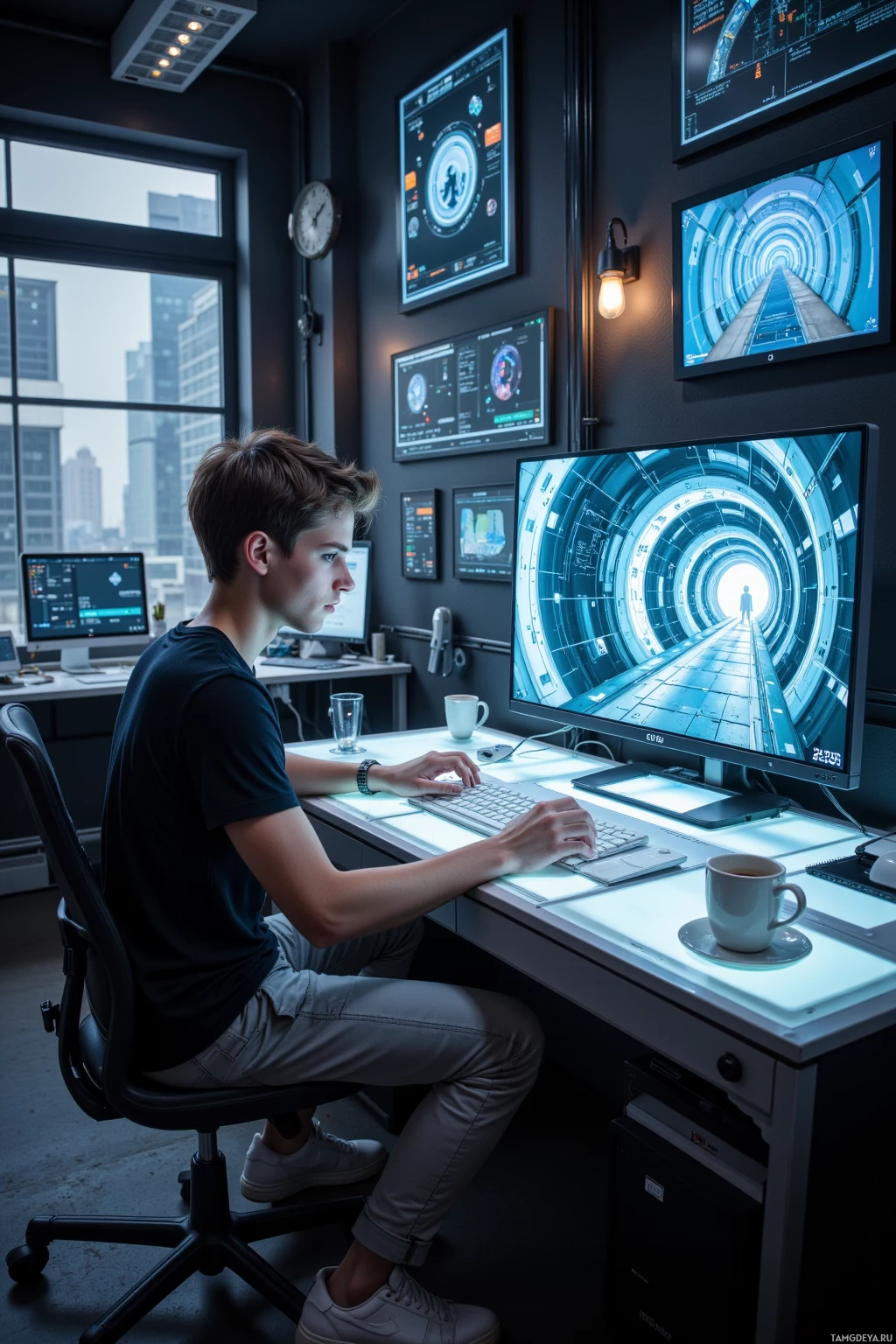 A person is seated at a desk in a modern workspace, working on a computer with multiple monitors displaying futuristic graphics.