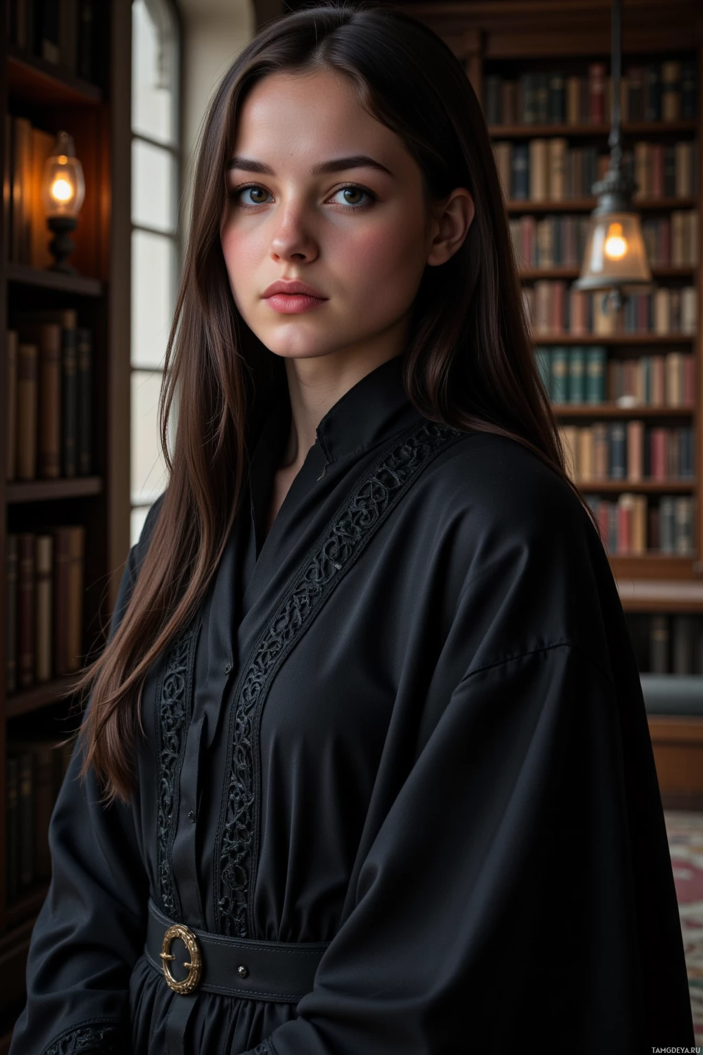 A woman in a black dress stands in front of a bookshelf.