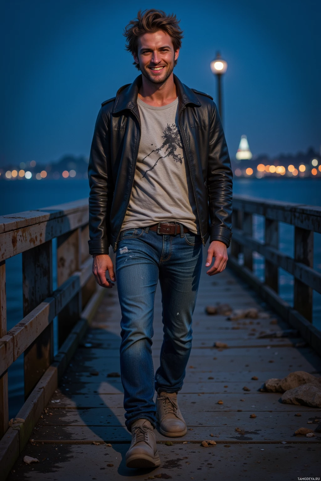 A man in a leather jacket and jeans walks along a wooden pier at dusk.
