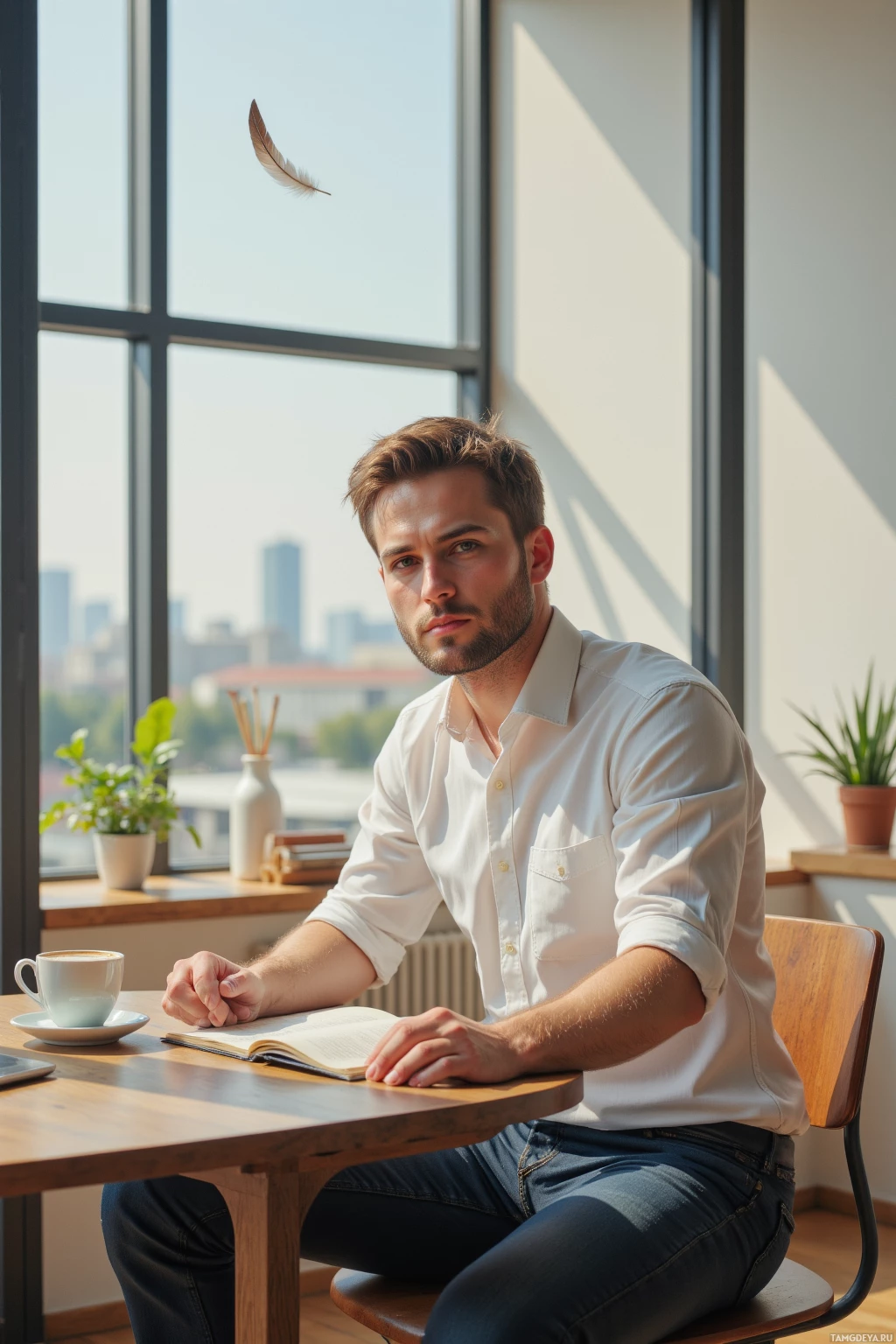 A man sits at a table by a window, holding an open book, with a cup of coffee and a feather floating in the air.