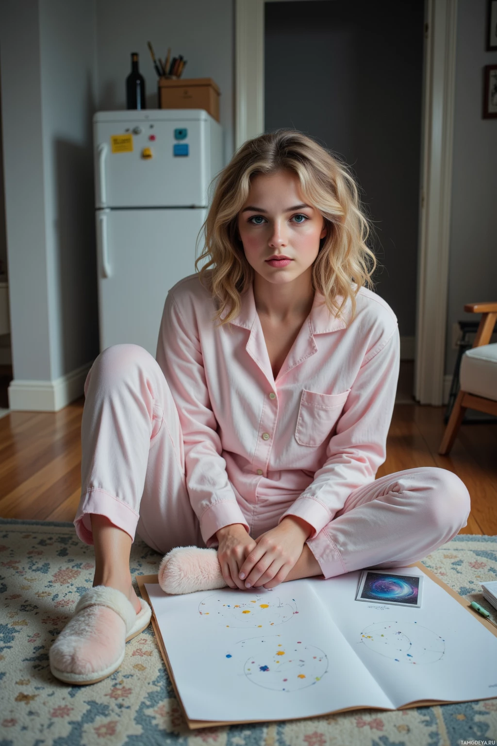 A person in pink pajamas sits cross-legged on a rug, with a drawing and a photograph on the floor in front of them.