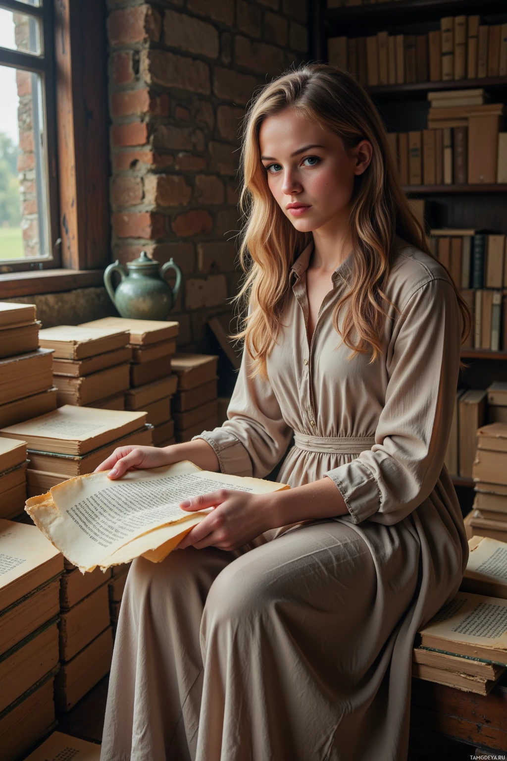 A woman in a beige dress sits among books, holding an open book.