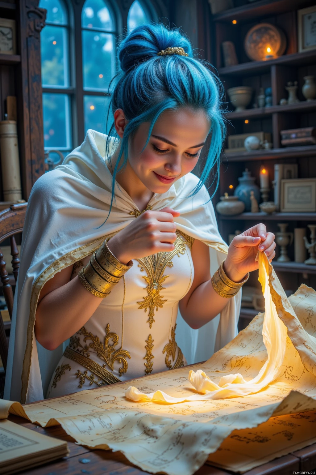 A woman with blue hair in an ornate white gown examines a large, illuminated scroll on a wooden table.