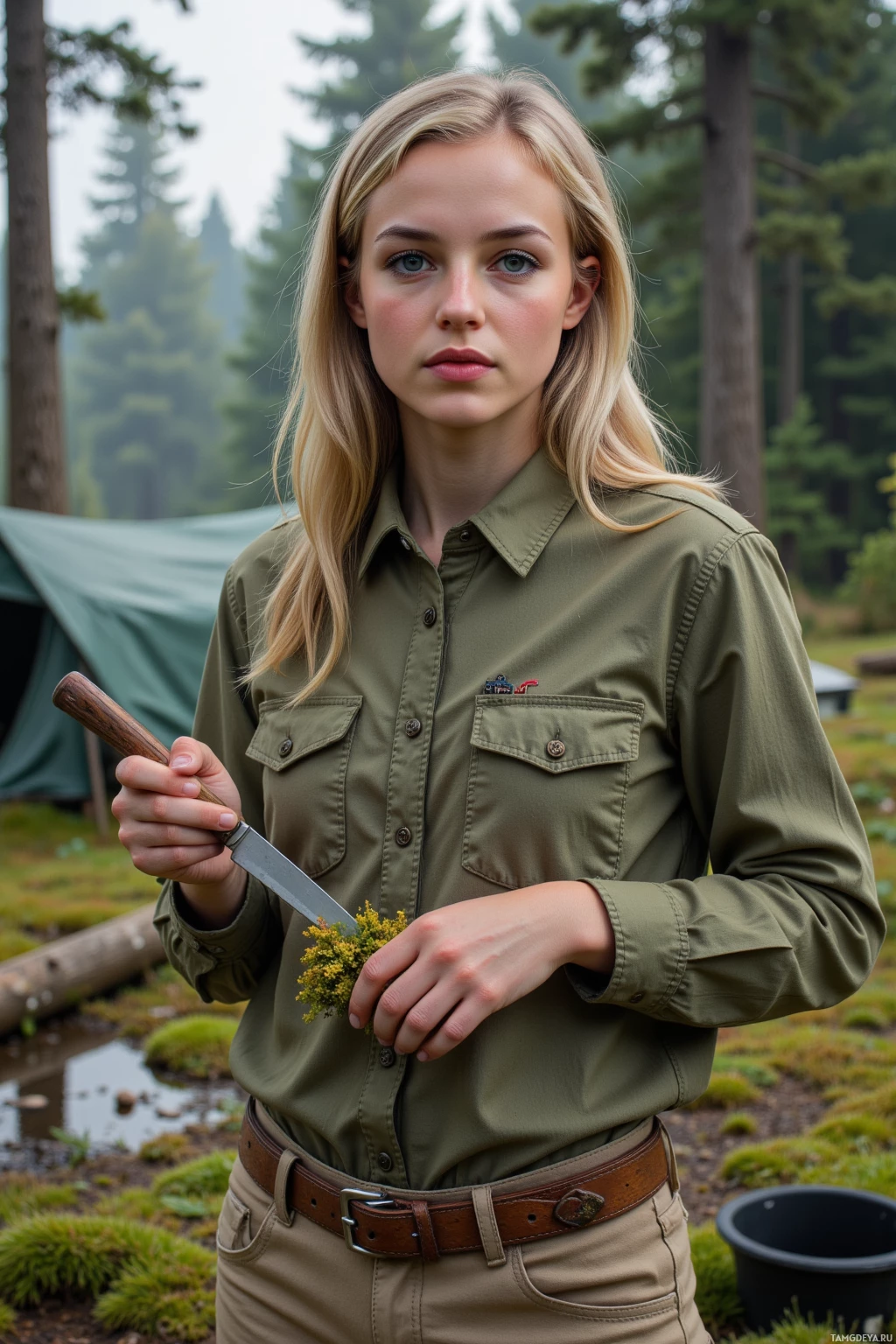 A person in a green shirt and khaki pants stands outdoors, holding a knife and a small plant.