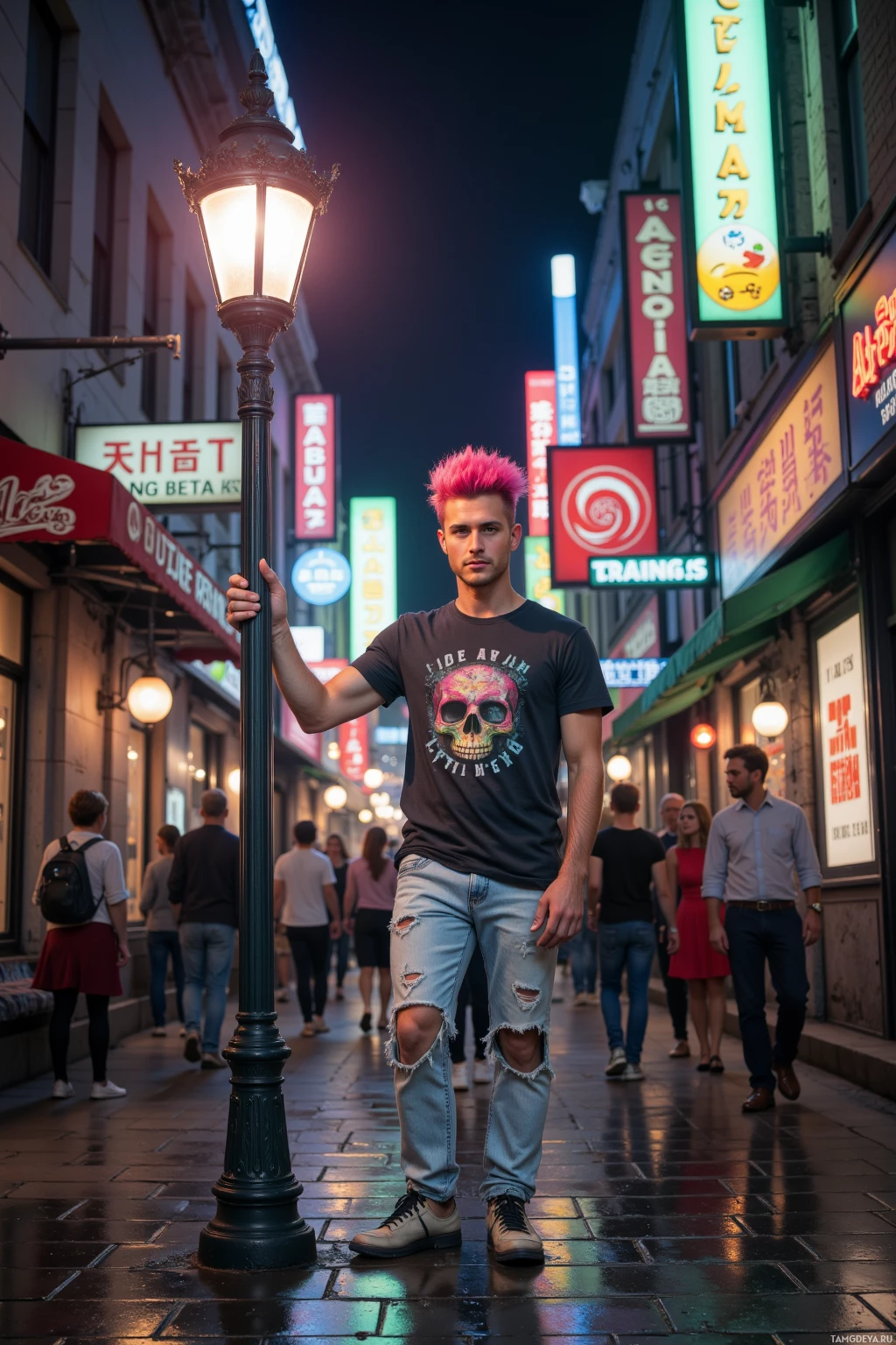 A person with pink hair stands on a city street at night, holding a lamppost.