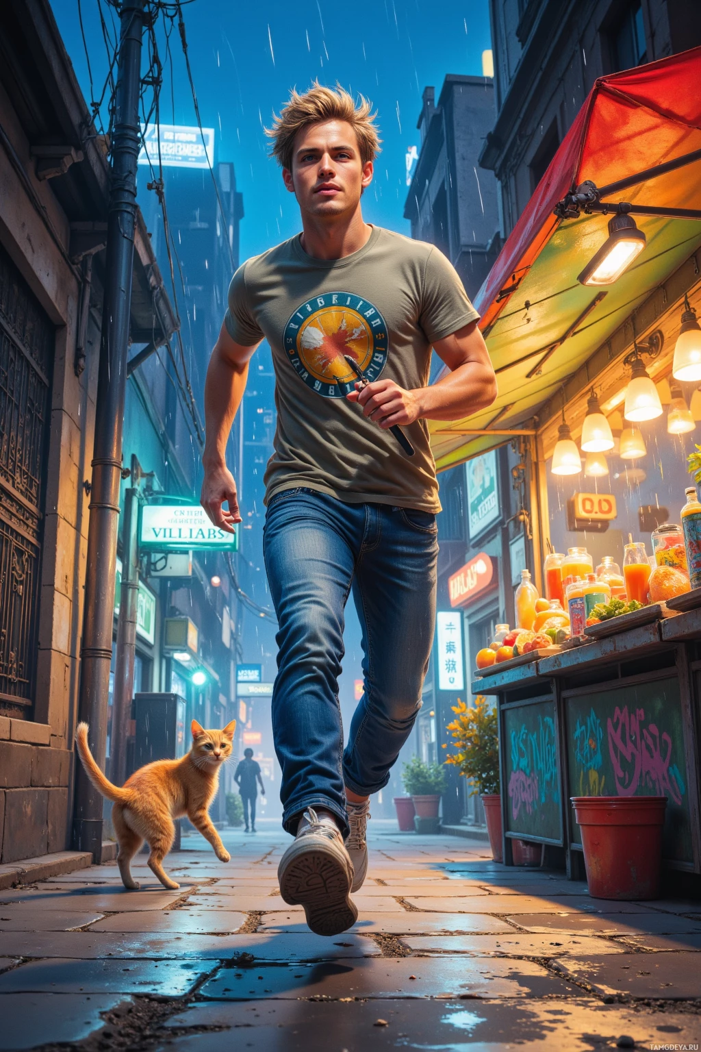 A man walks past a street vendor's stall in a city alleyway.