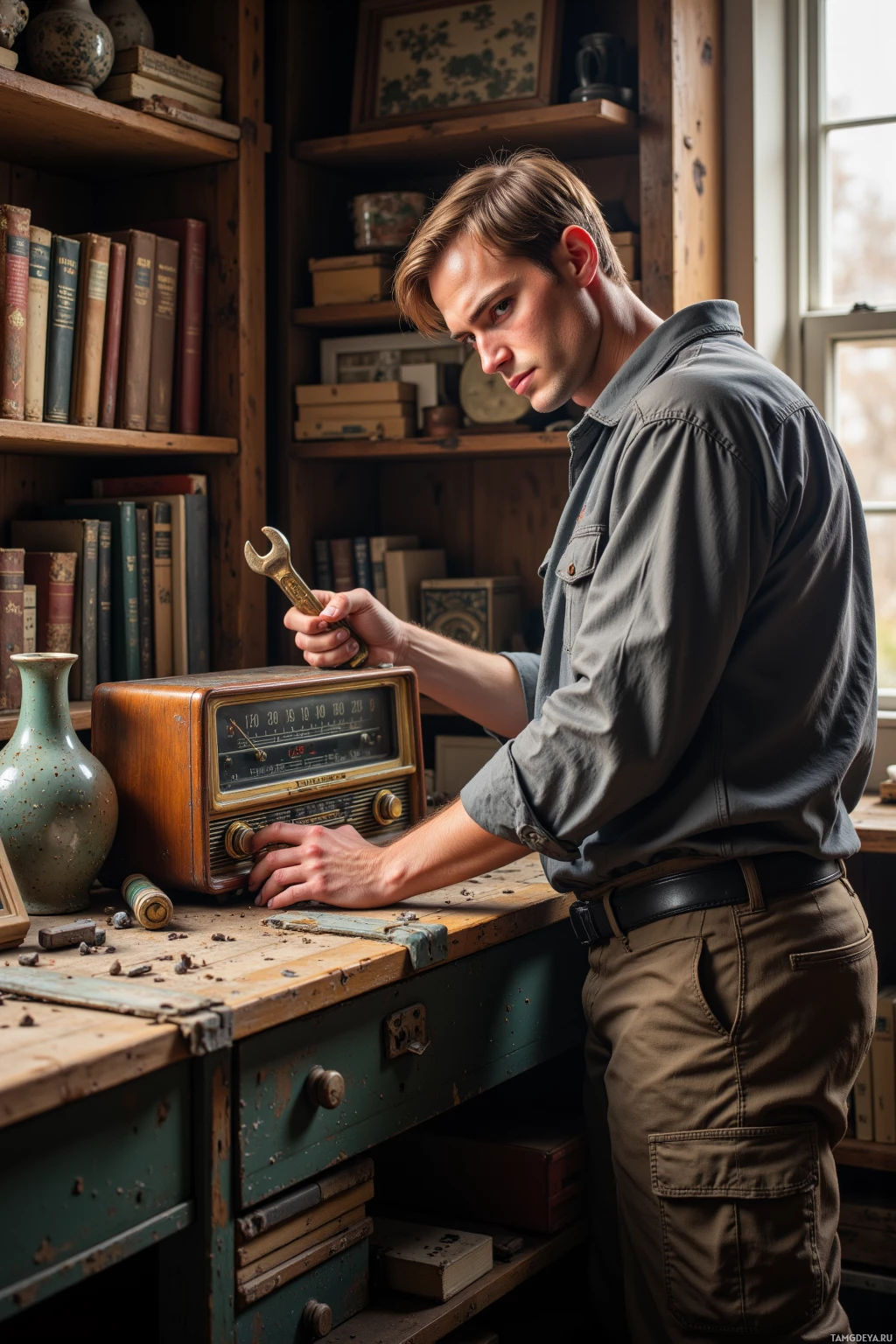 A man in a workshop setting is adjusting an old radio with a wrench.