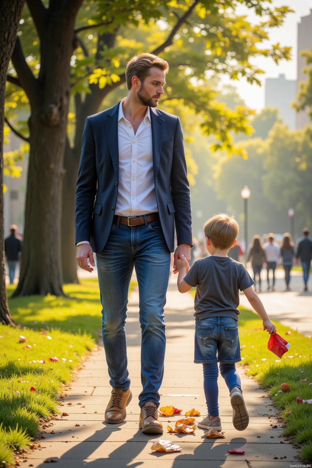 A man and a child walk hand-in-hand along a path in a park.