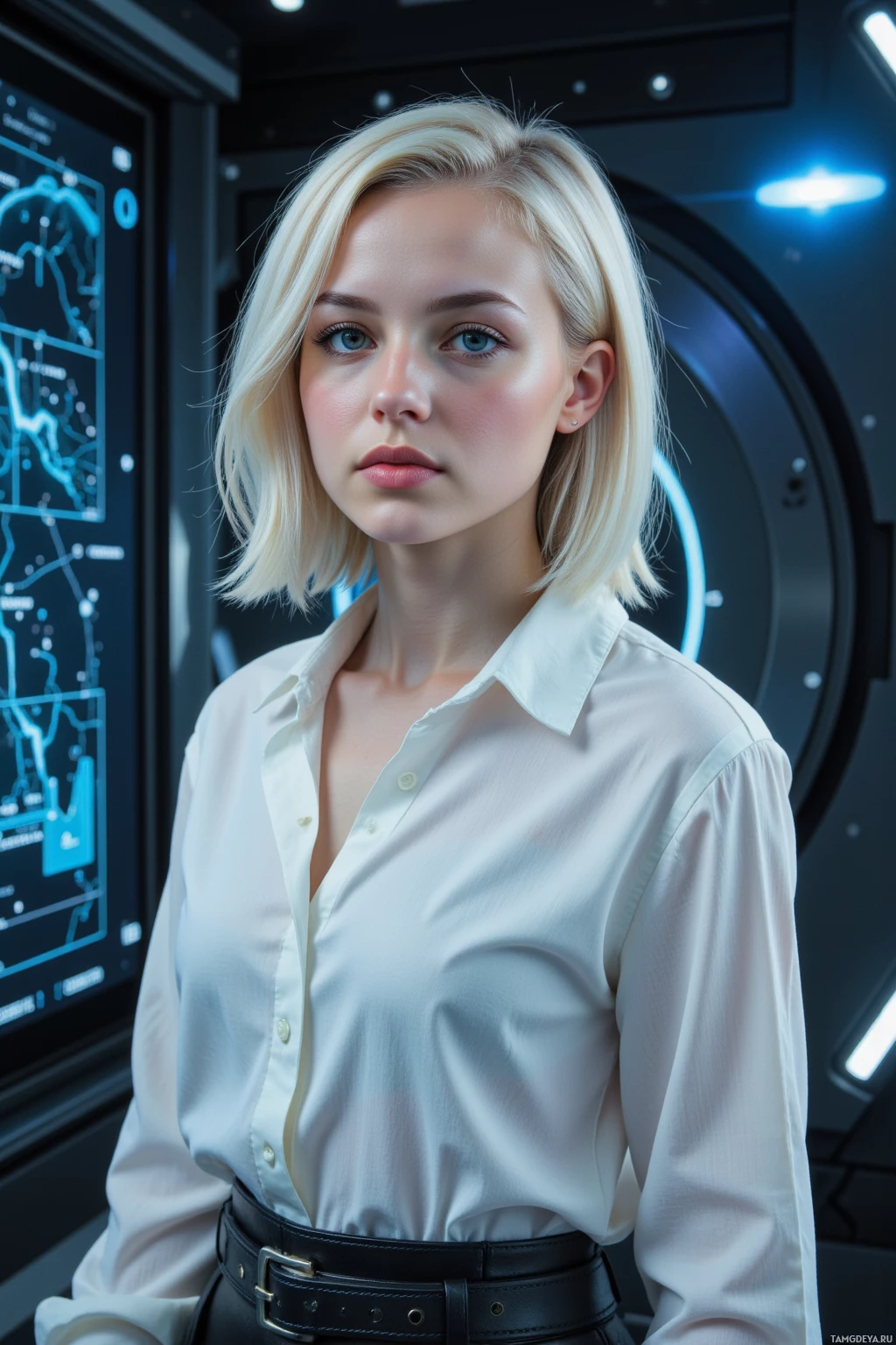 A woman with short blonde hair wearing a white shirt and black belt stands in a futuristic setting.