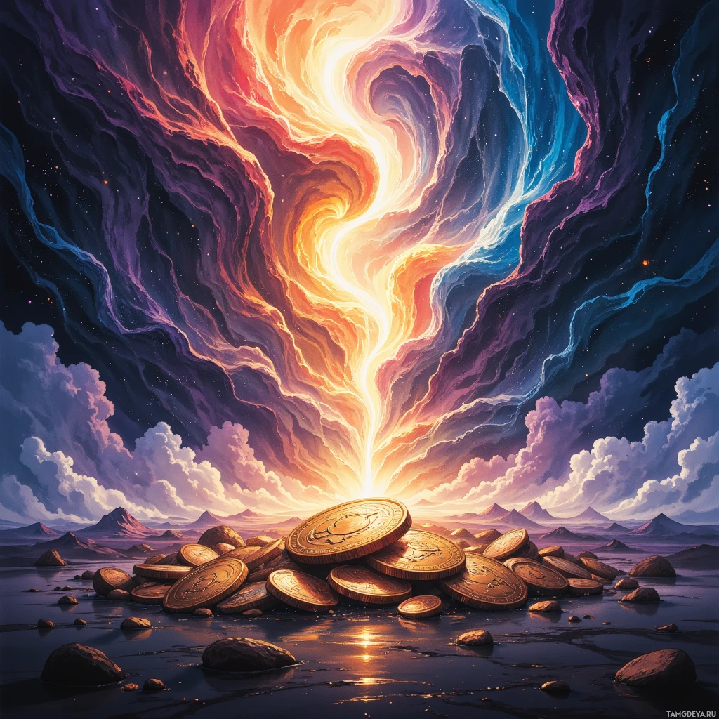 A surreal landscape featuring a vibrant, swirling vortex of light and color above a pile of coins on a reflective surface.