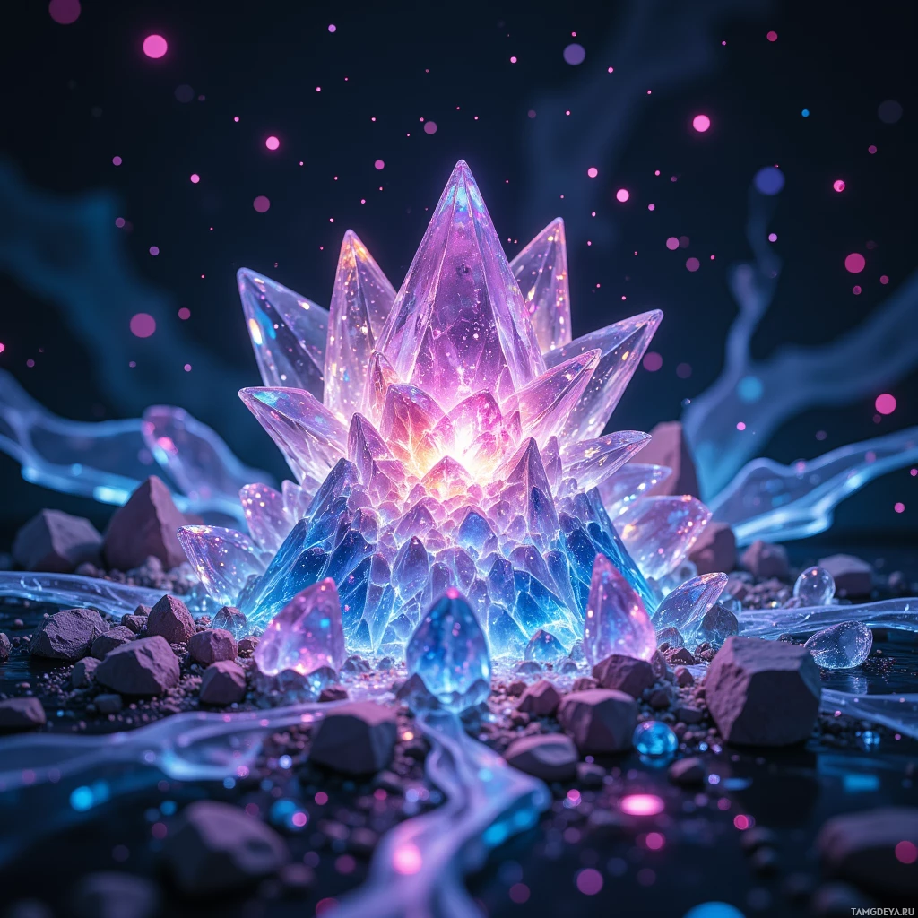 A glowing, crystalline structure with sharp points and a radiant light at its center, surrounded by smaller crystals and rocks against a dark, starry background.