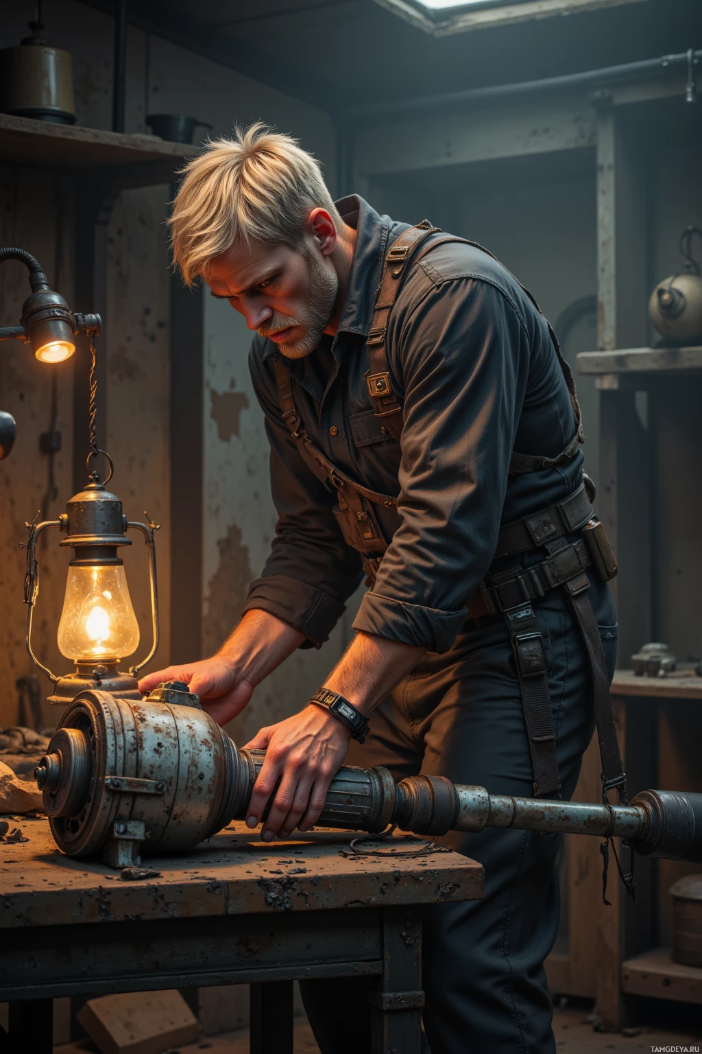 A man in a work uniform is examining a rusted cylindrical object in a dimly lit workshop.