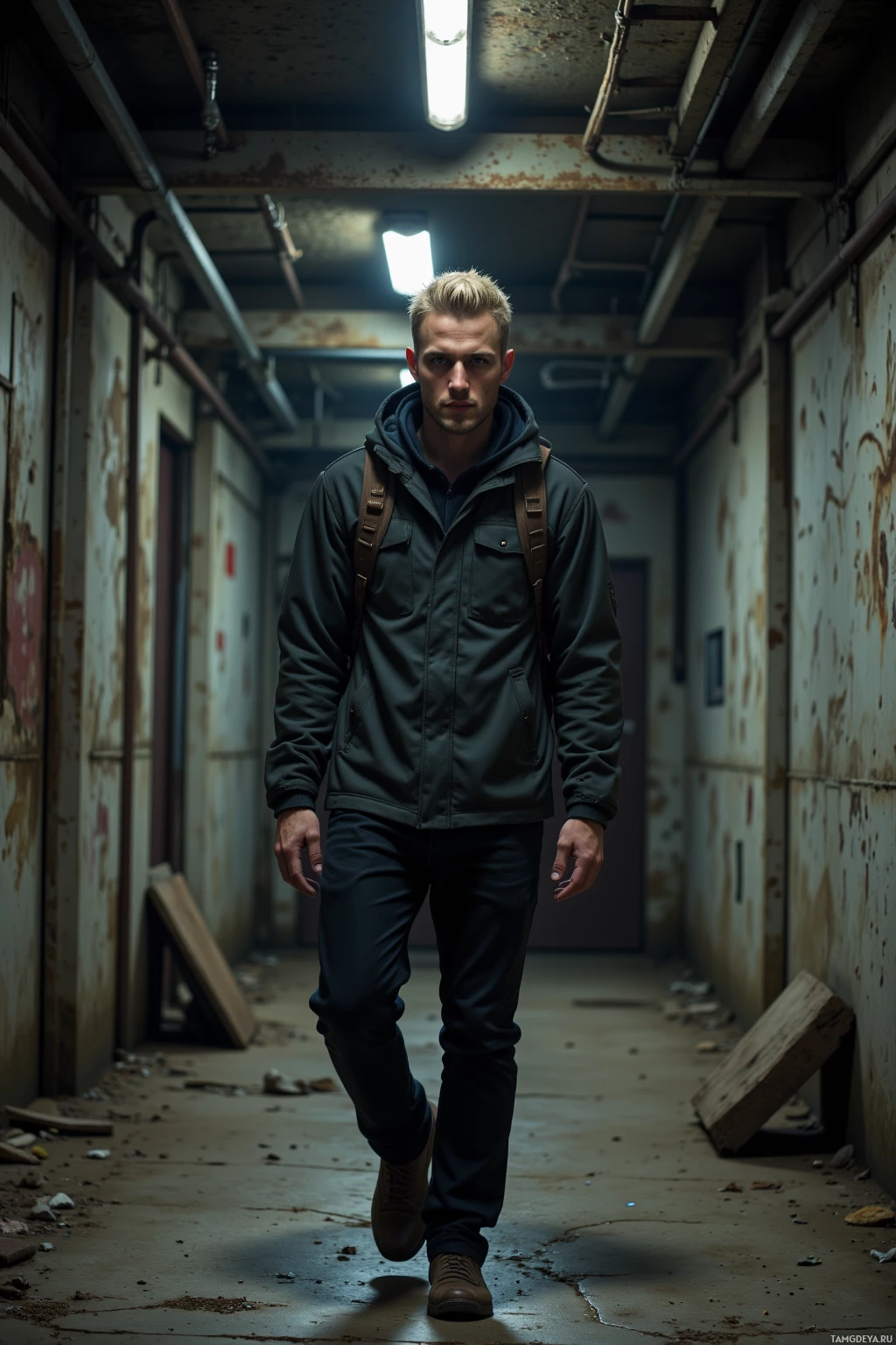 A man walks down a dimly lit, rusted hallway.