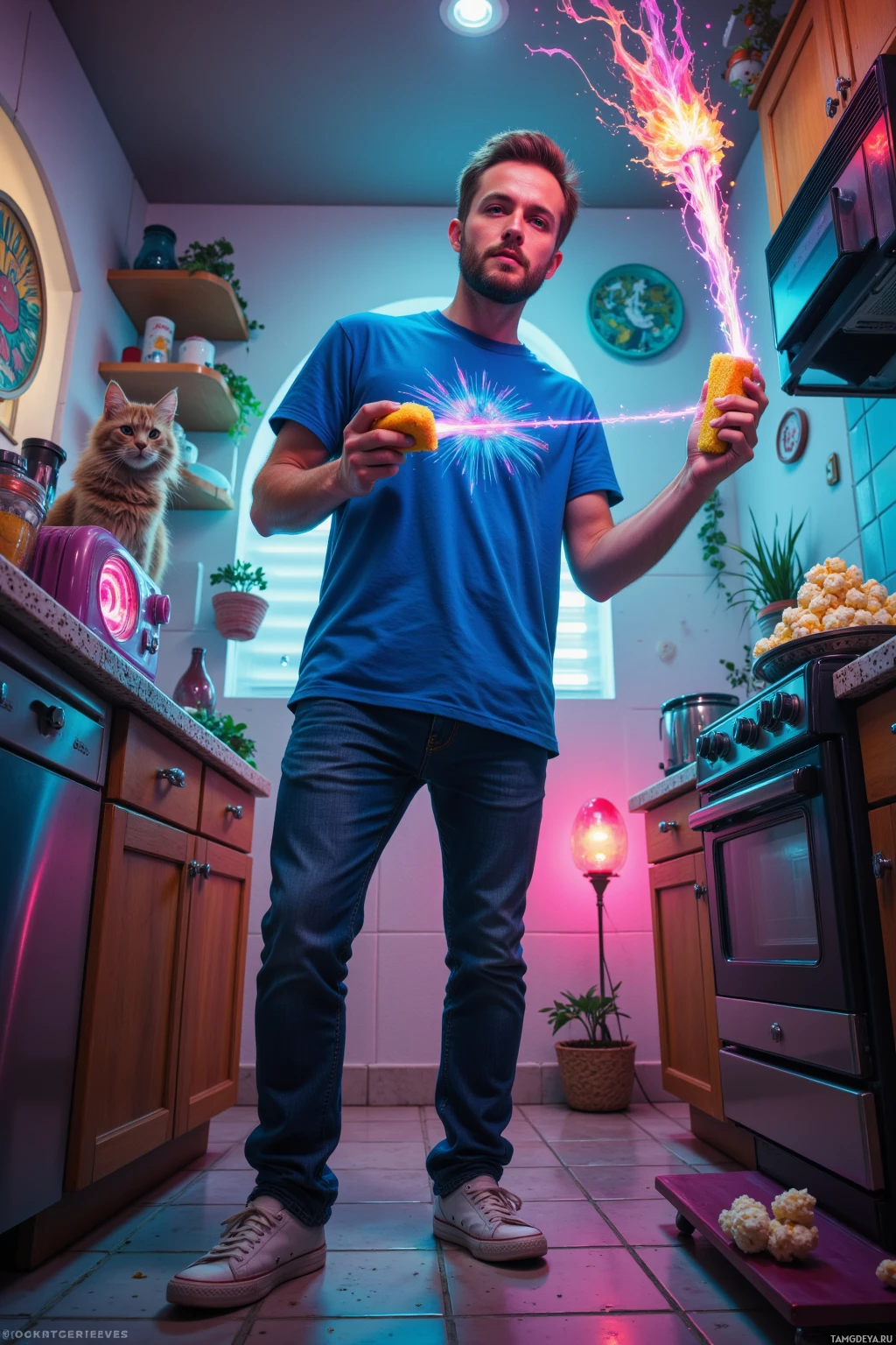 A man stands in a kitchen holding a glowing object, with a cat perched on the counter and a colorful, vibrant atmosphere.