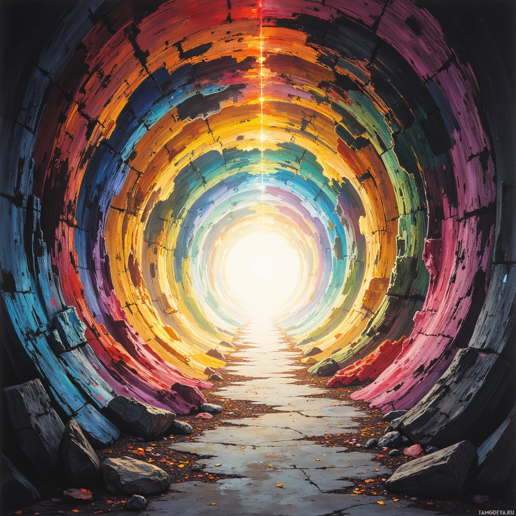 A vibrant, circular tunnel with a gradient of colors leading to a bright light at the end.