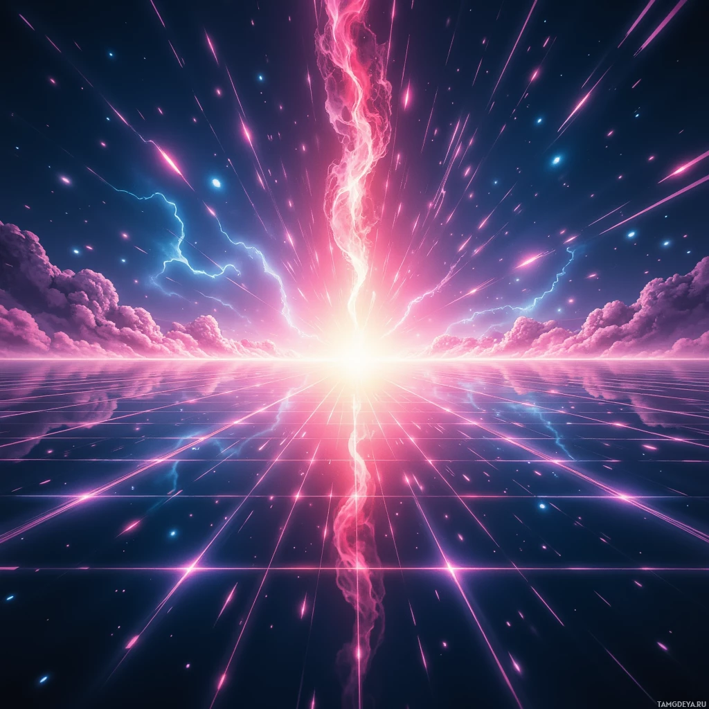 A vibrant cosmic scene with a glowing vertical light beam, streaks of light, and a starry sky.