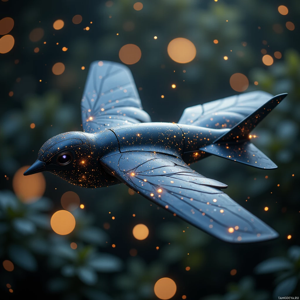 A glowing bird with intricate details and sparkling particles in a dark, bokeh-lit environment.