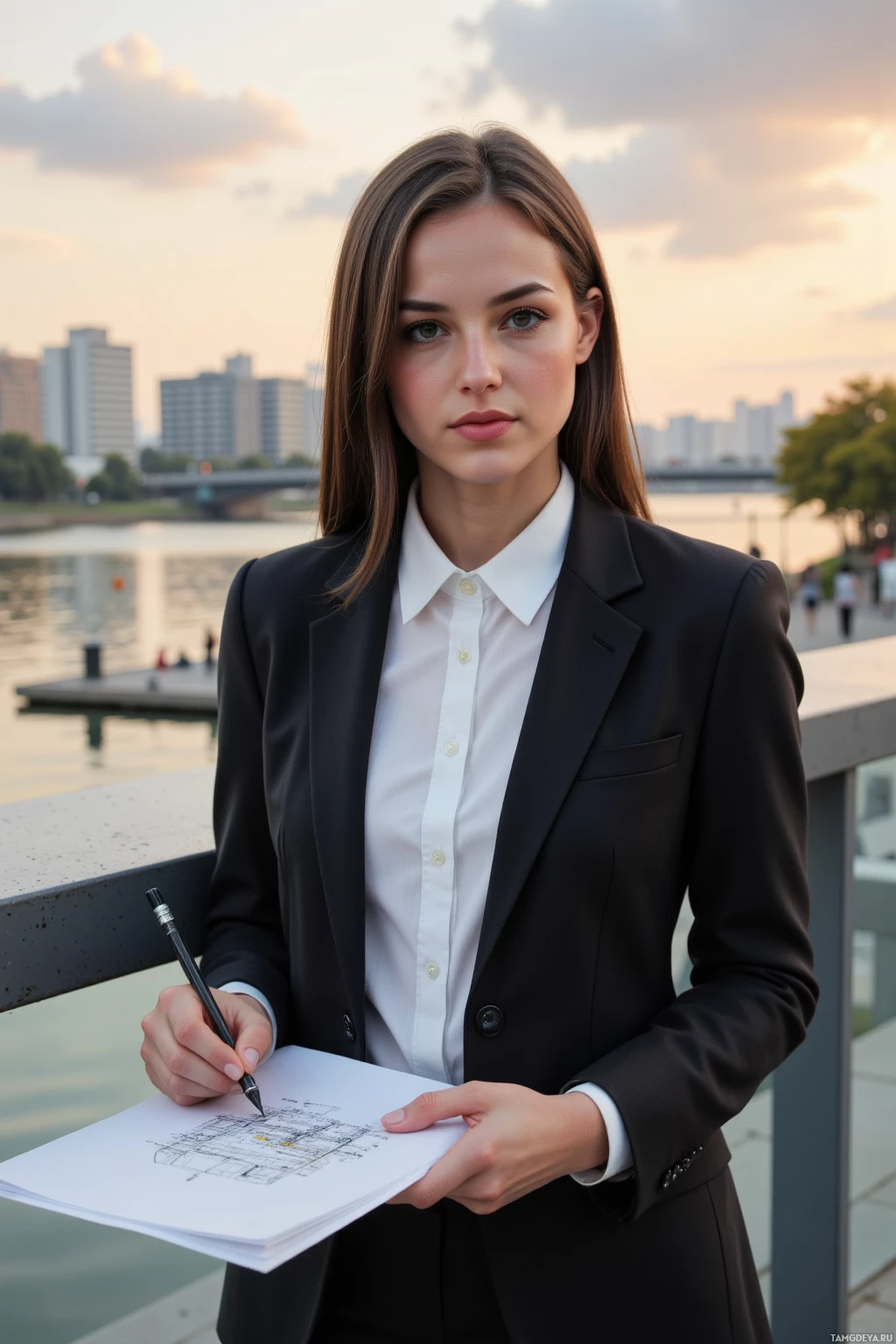 A woman in a business suit holds a pen and paper, standing outdoors near a waterfront with a cityscape in the background.